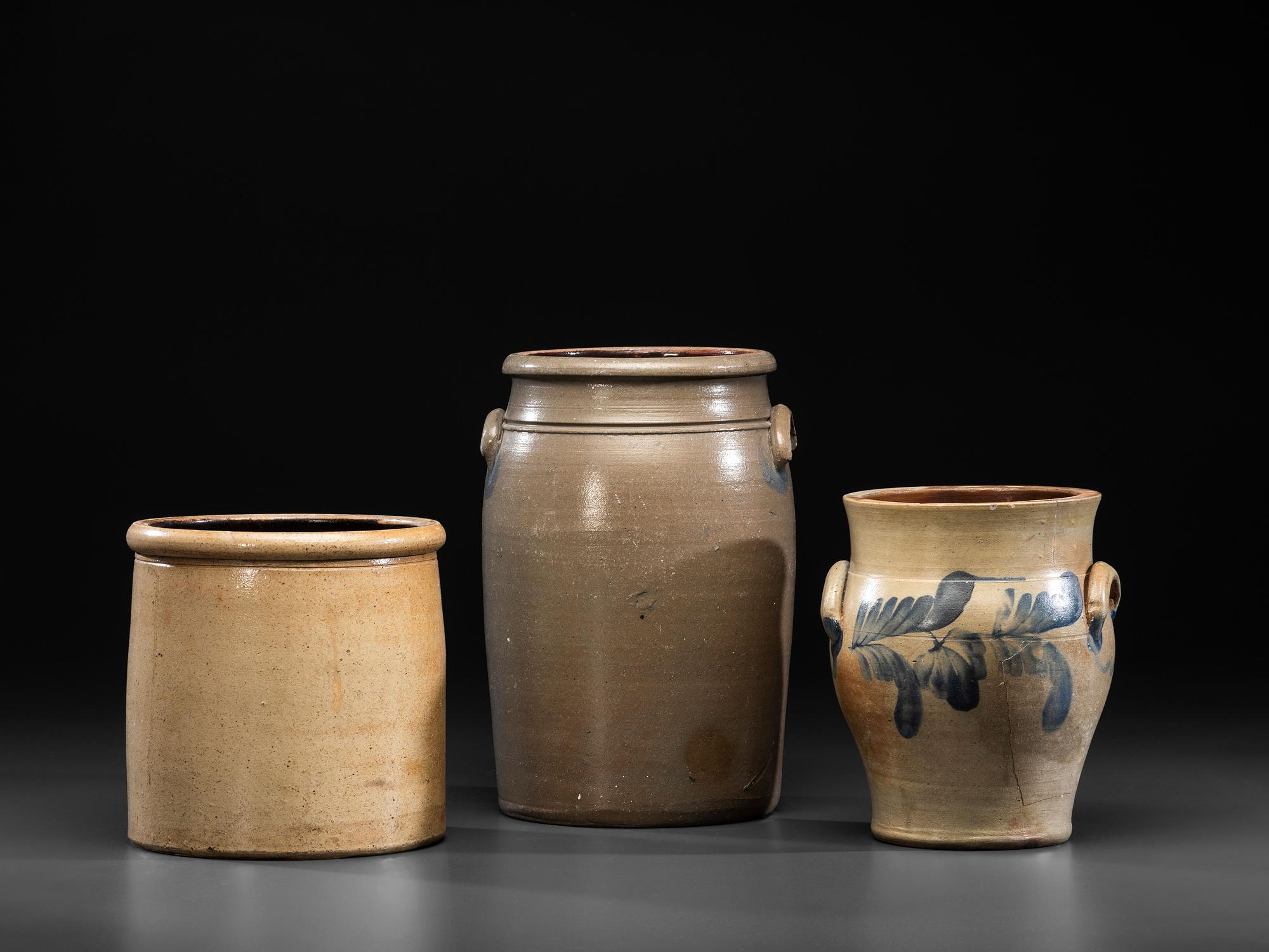 Three Cobalt Decorated Stoneware Vessels