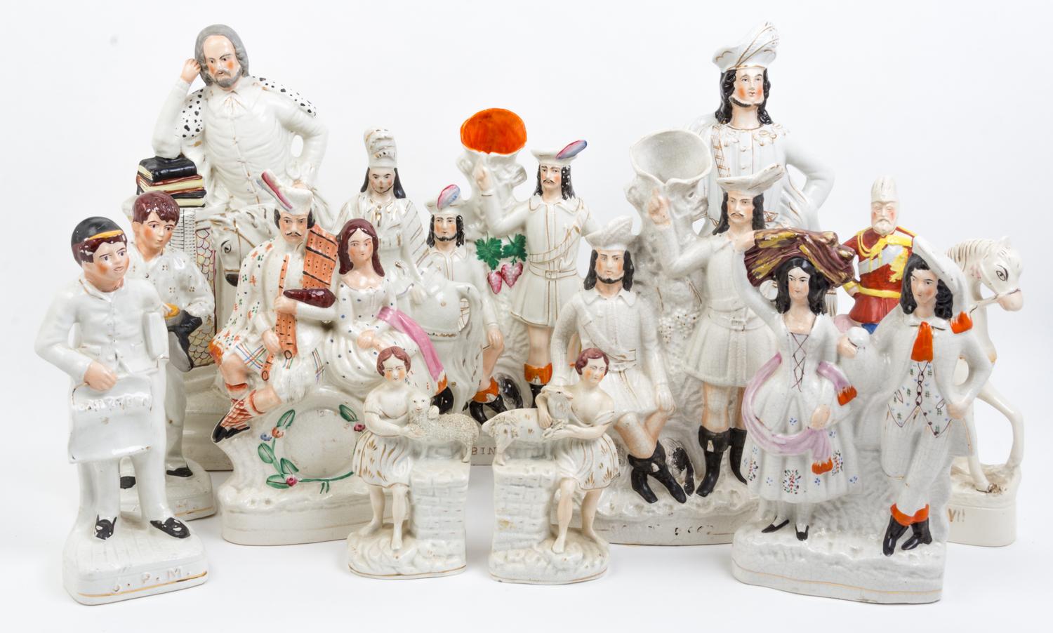 A Collection of Staffordshire Figures and Spill Vases Height of tallest 18 inches.