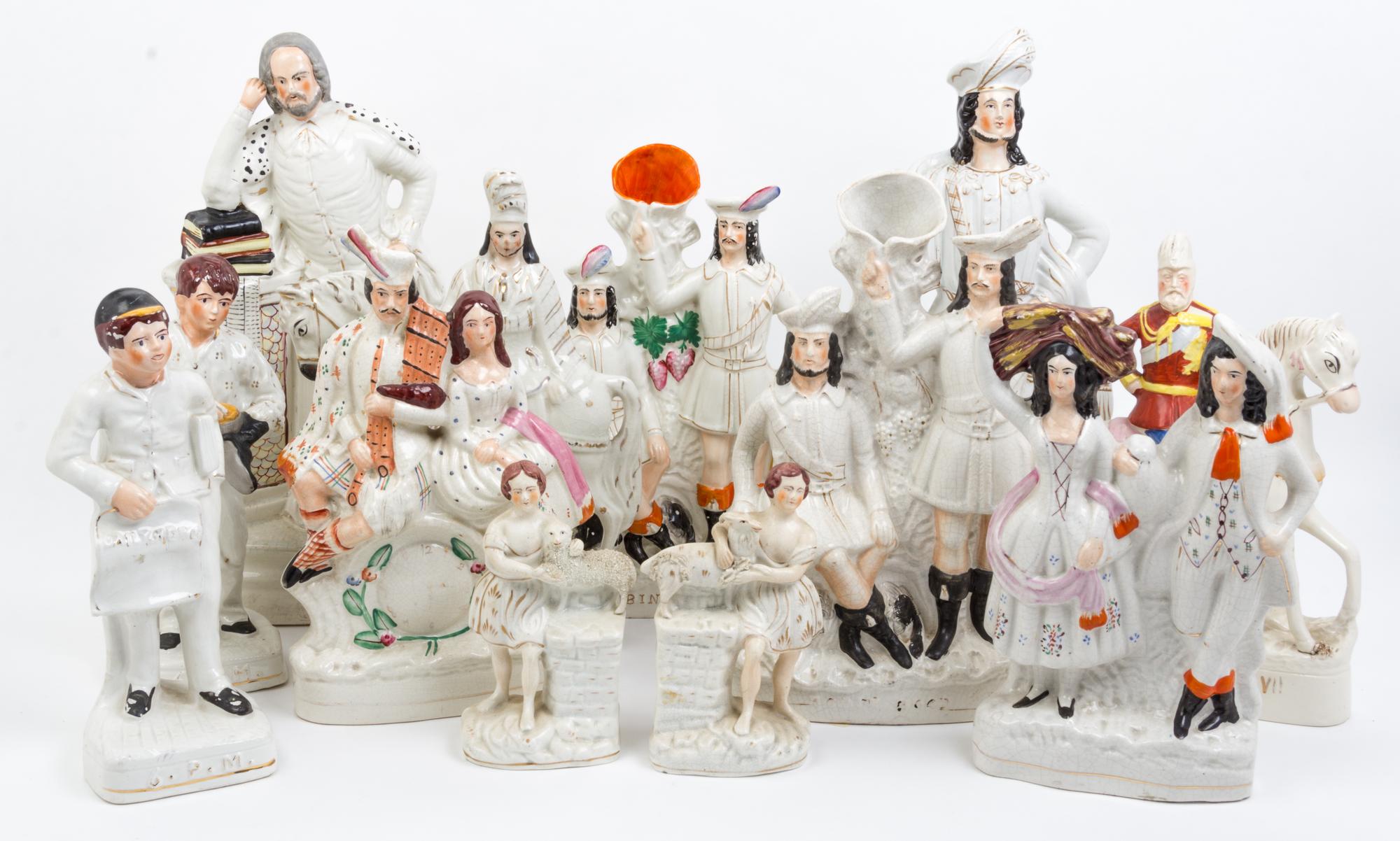 A Collection of Staffordshire Figures and Spill Vases Height of tallest 18 inches.