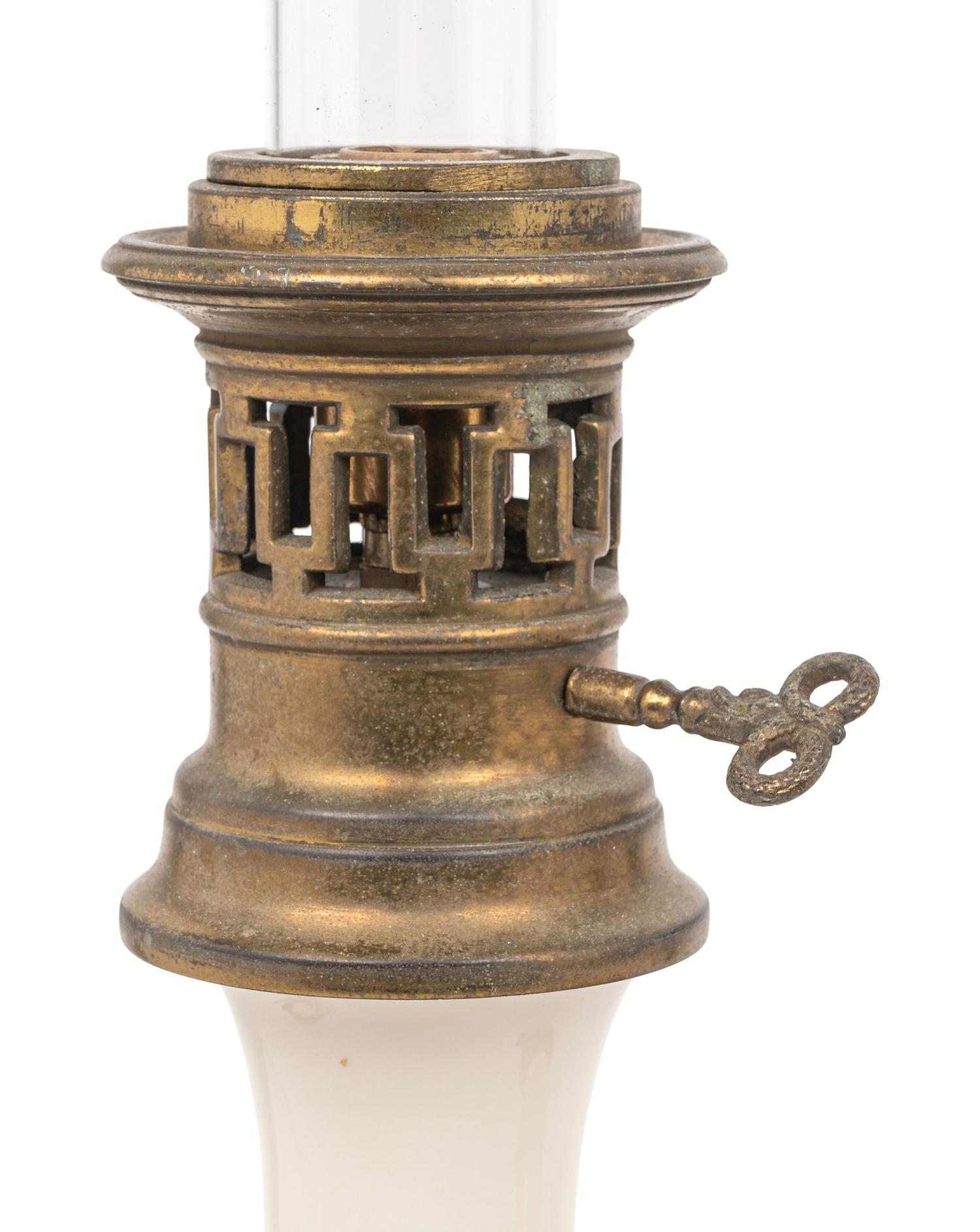 A Pair of French Opaline Glass Fluid Lamps with Etched Glass Shades Converted to Electricity