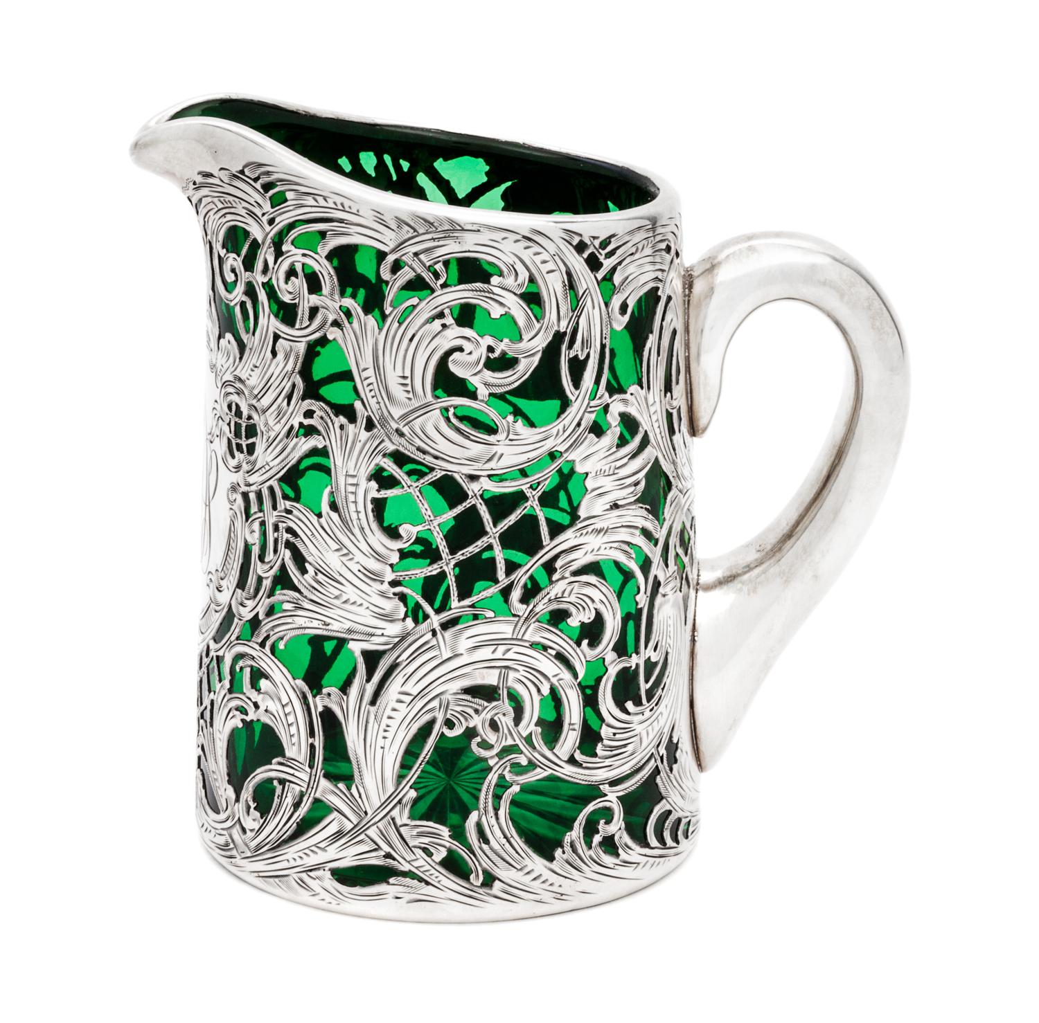 A Silver Overlay Glass Ewer Height 4 3/4 inches.