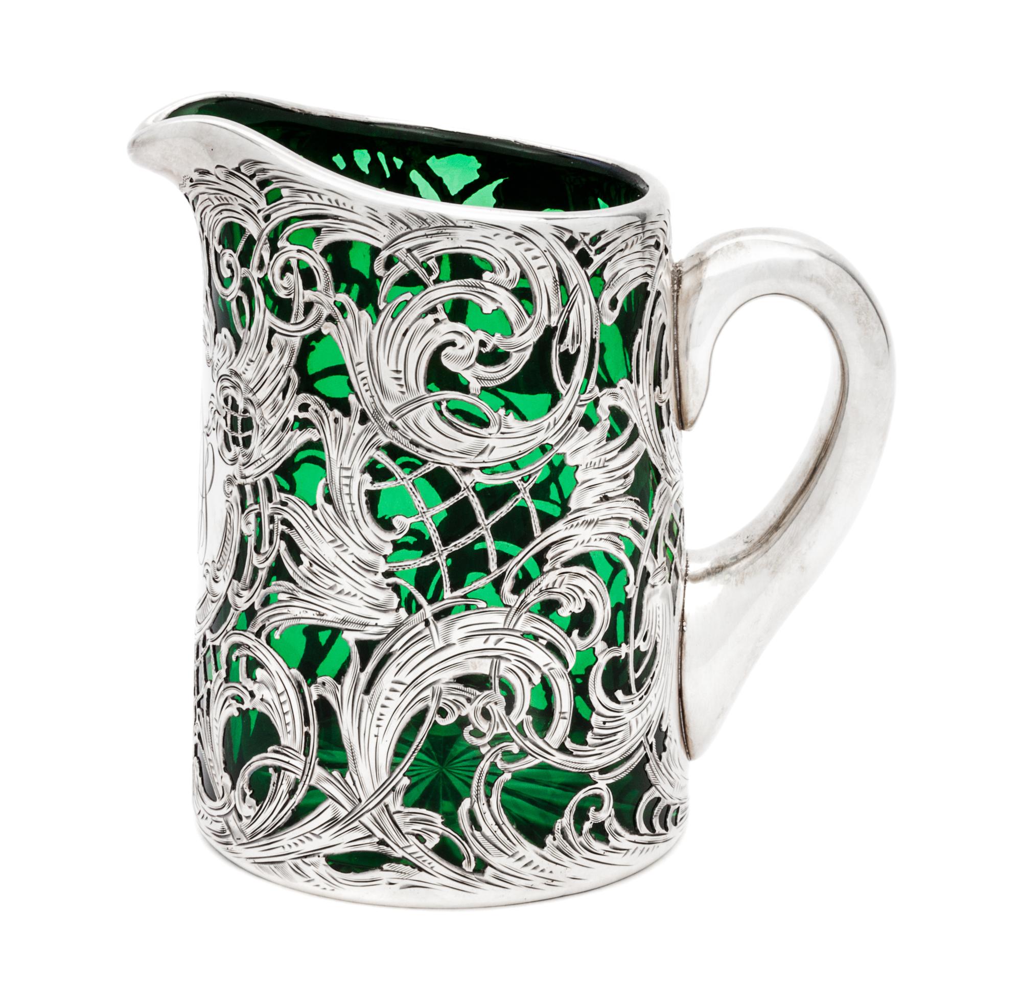 A Silver Overlay Glass Ewer Height 4 3/4 inches.
