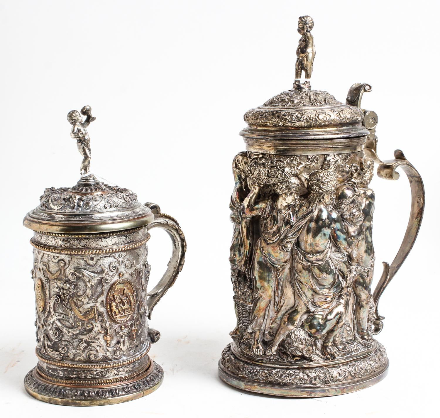 Two Electrotype Tankards Height of taller 11 3/4 inches. — 19TH CENTURY