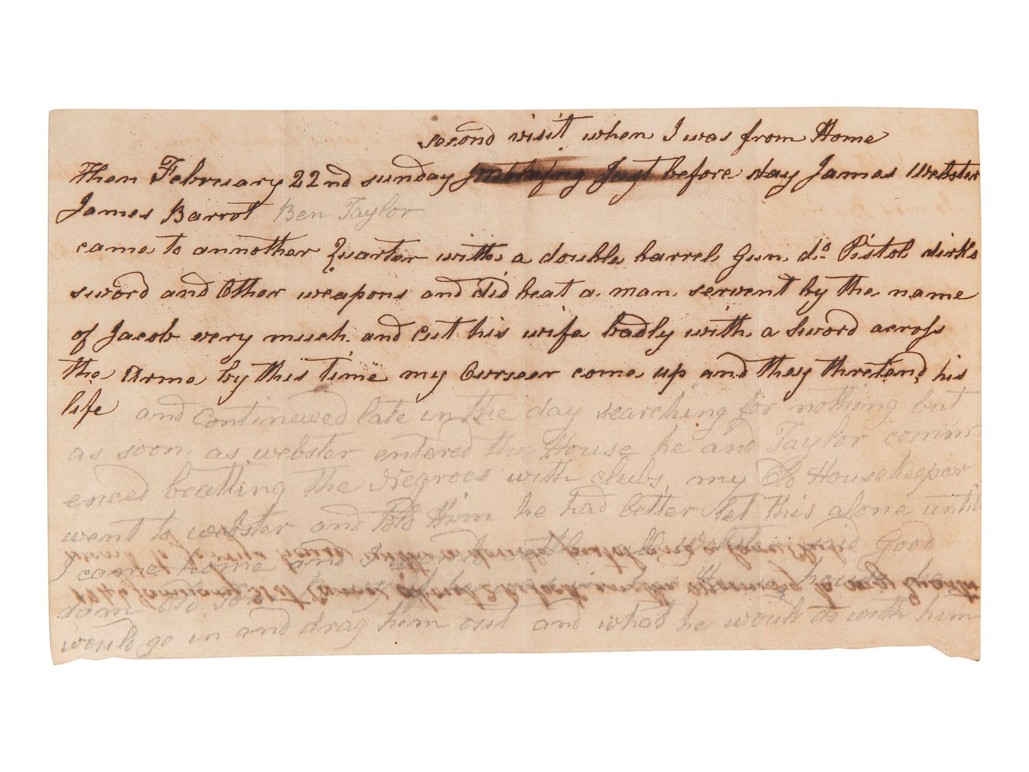 [ENSLAVEMENT]. Lawyer's letter outlining case against men accused of assaulting enslaved persons.