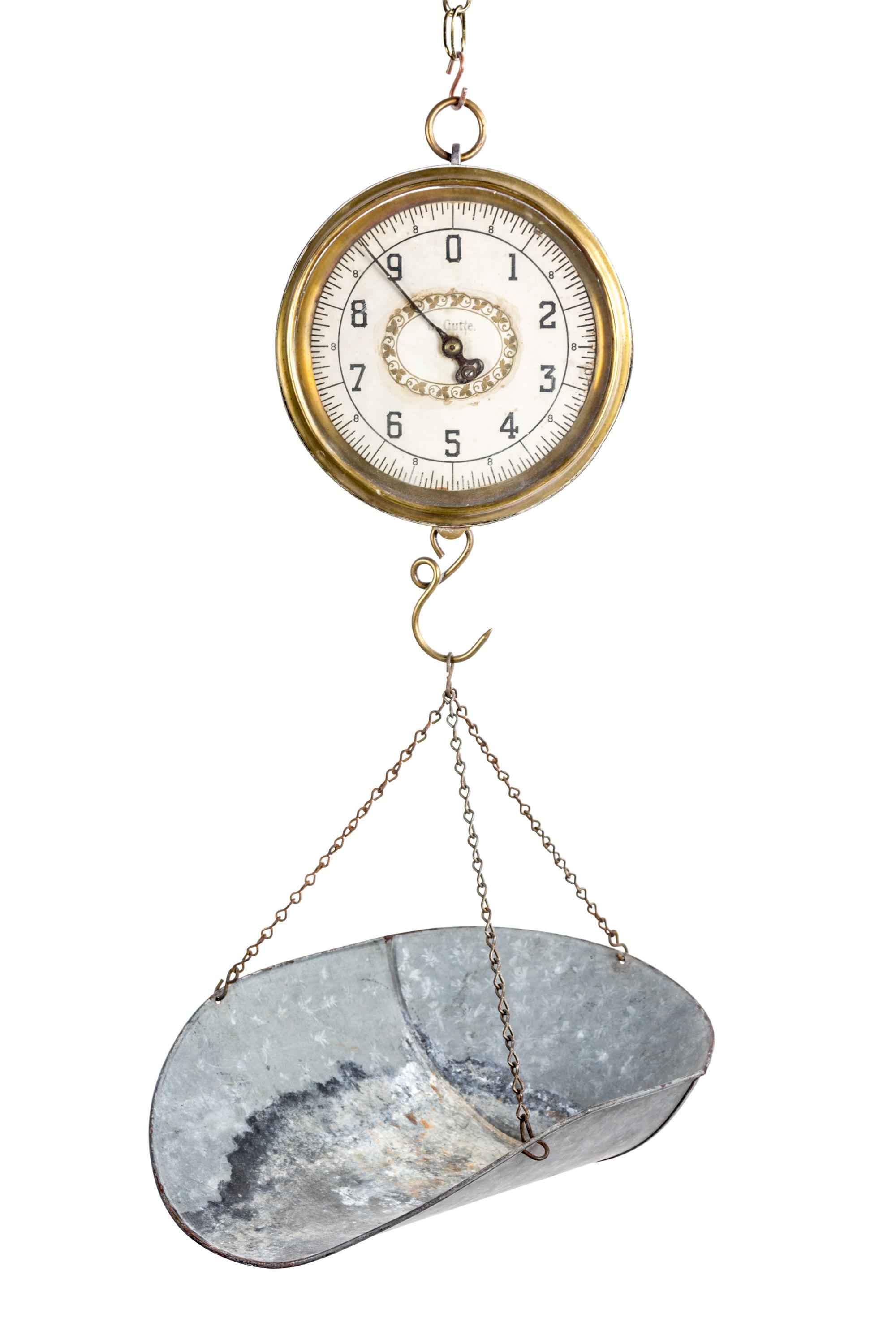 A Group of Three Antique Brass Scales Height of largest 44 inches.