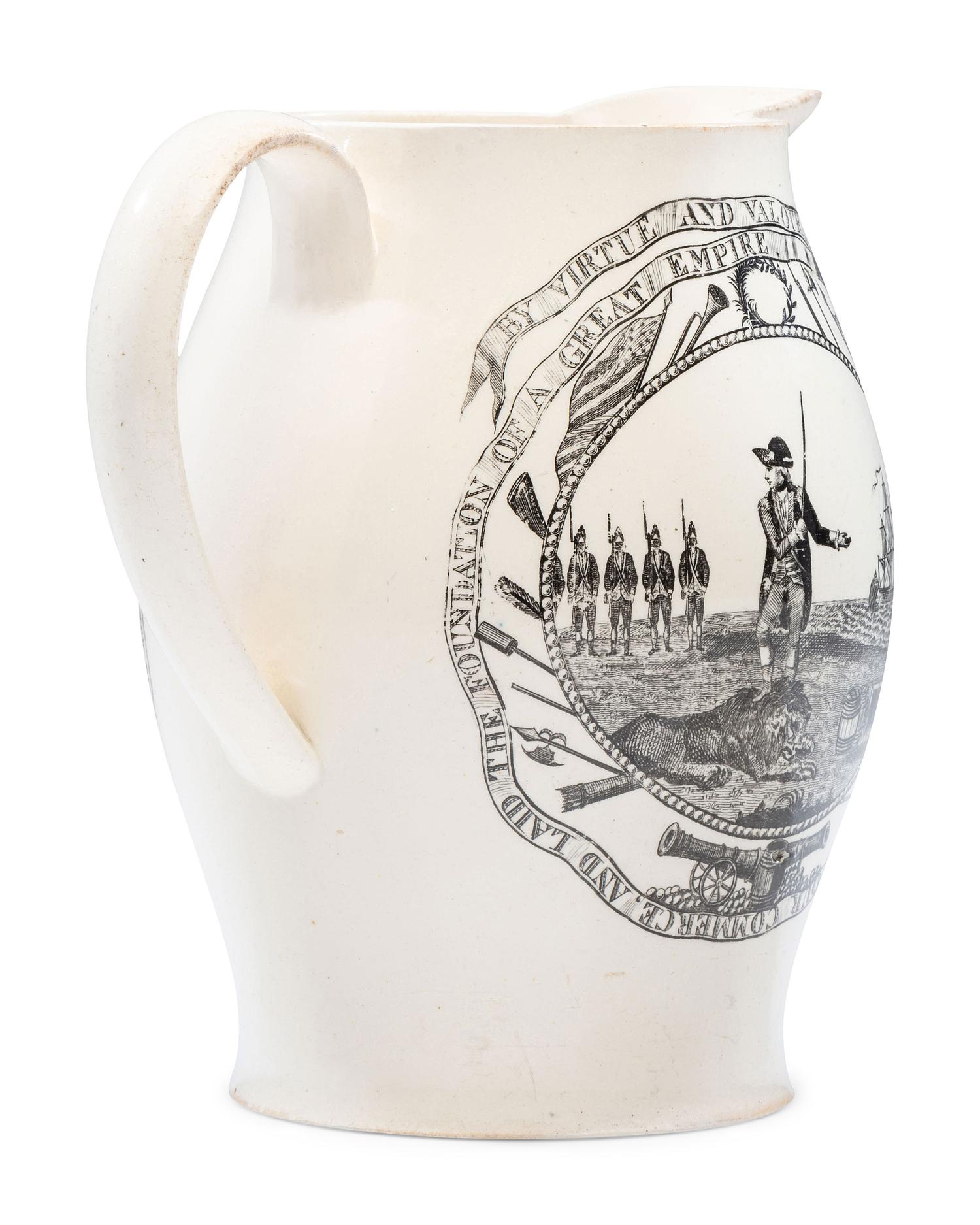 A Liverpool Transfer-Printed Creamware 'First in War, First in Peace / By Virtue and Valour' Pitcher