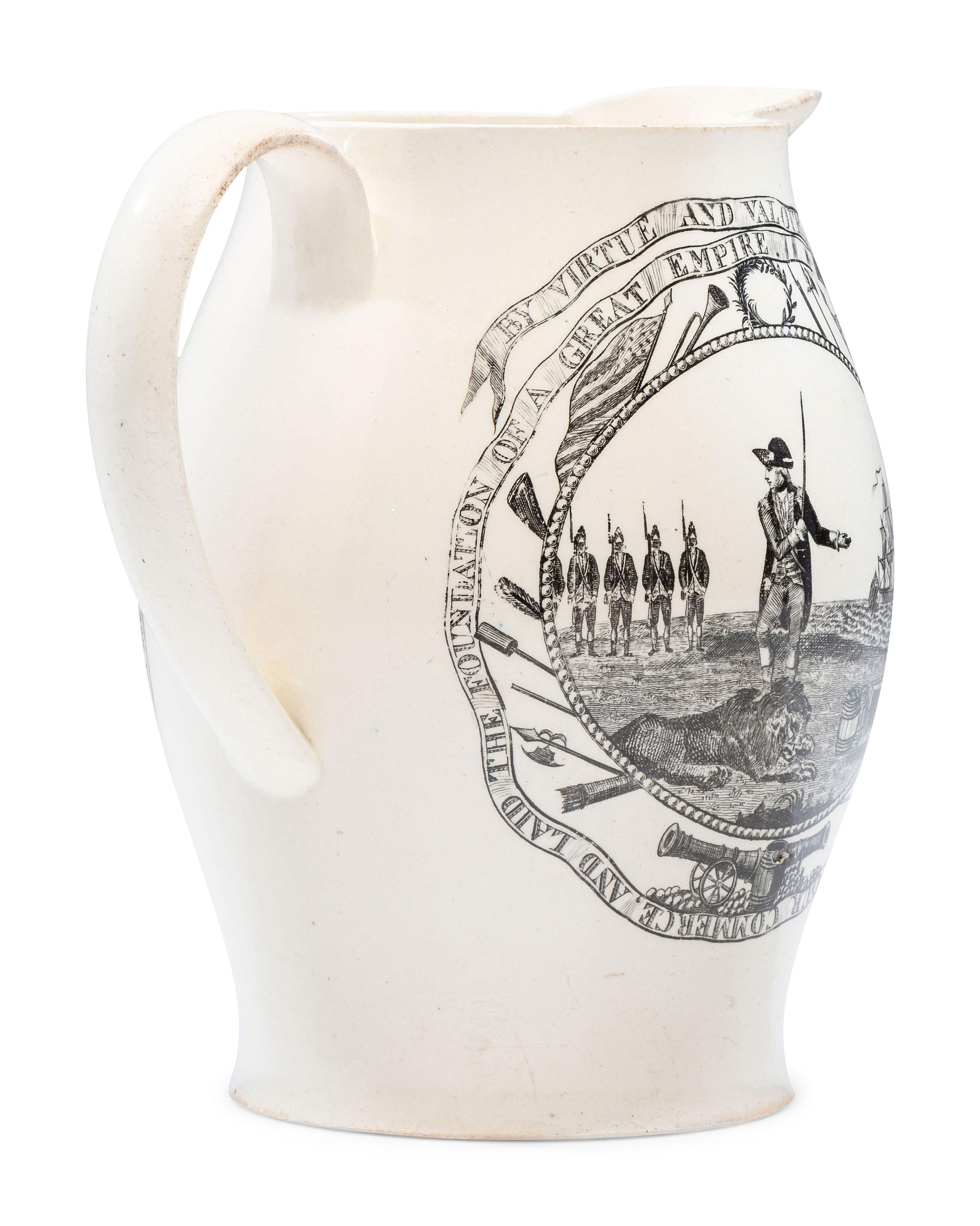 A Liverpool Transfer-Printed Creamware 'First in War, First in Peace / By Virtue and Valour' Pitcher