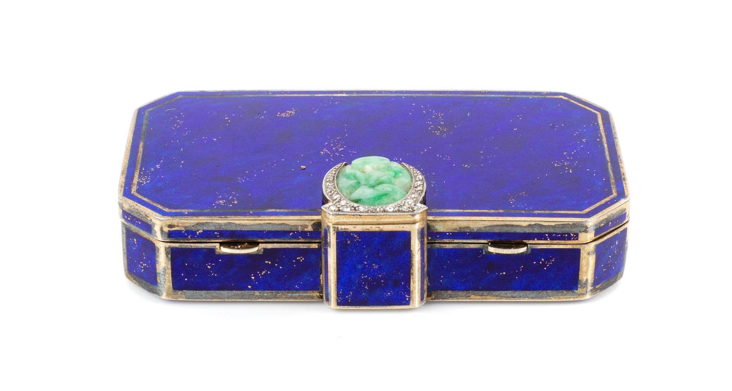 A French Art Deco Enameled Silver, Diamond and Hardstone Inset Compact