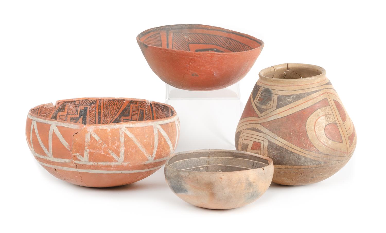 Group of Four Prehistoric Pots Height of largest 9 1/2 inches