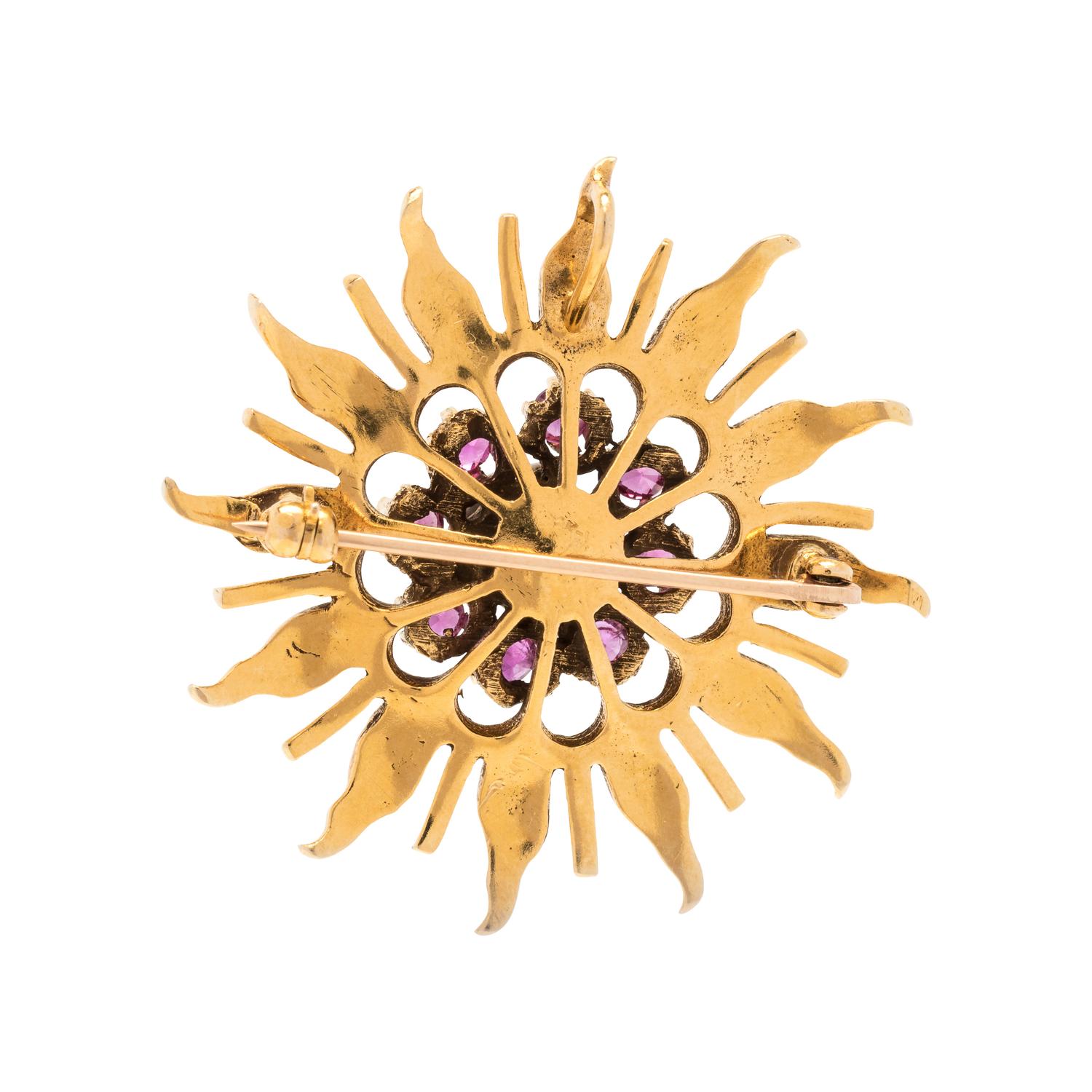 RUBY, DIAMOND AND SEED PEARL PENDANT/BROOCH