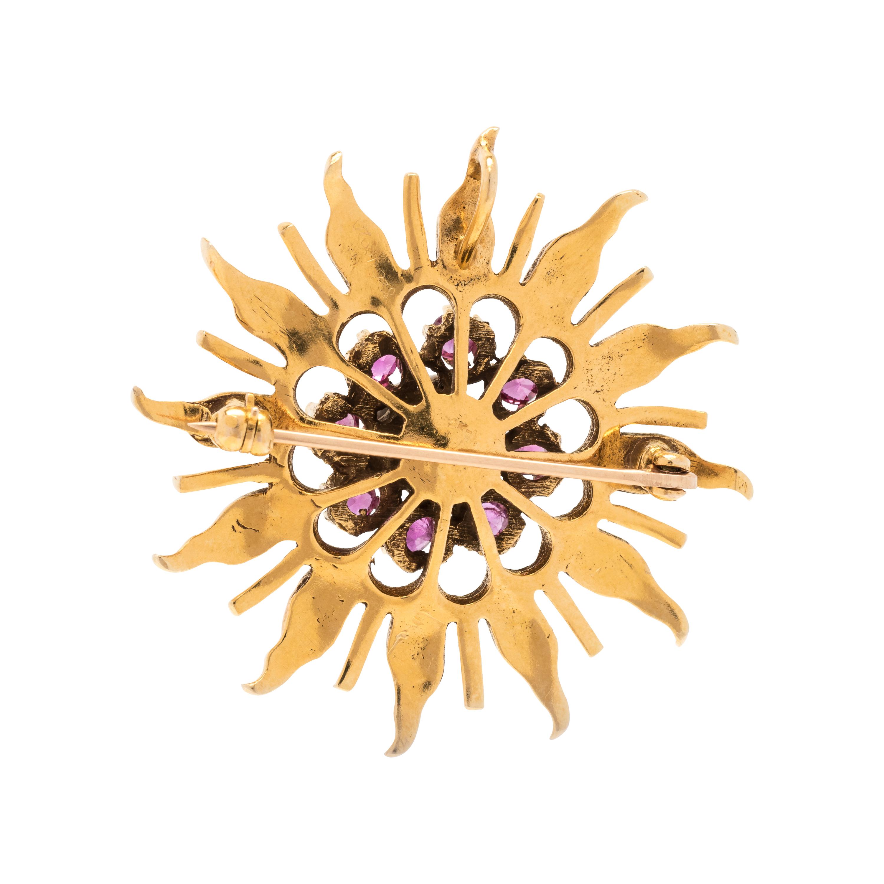 RUBY, DIAMOND AND SEED PEARL PENDANT/BROOCH