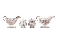 A Pair of English Silver Sauce Boats and an American Silver Sugar and Creamer Set