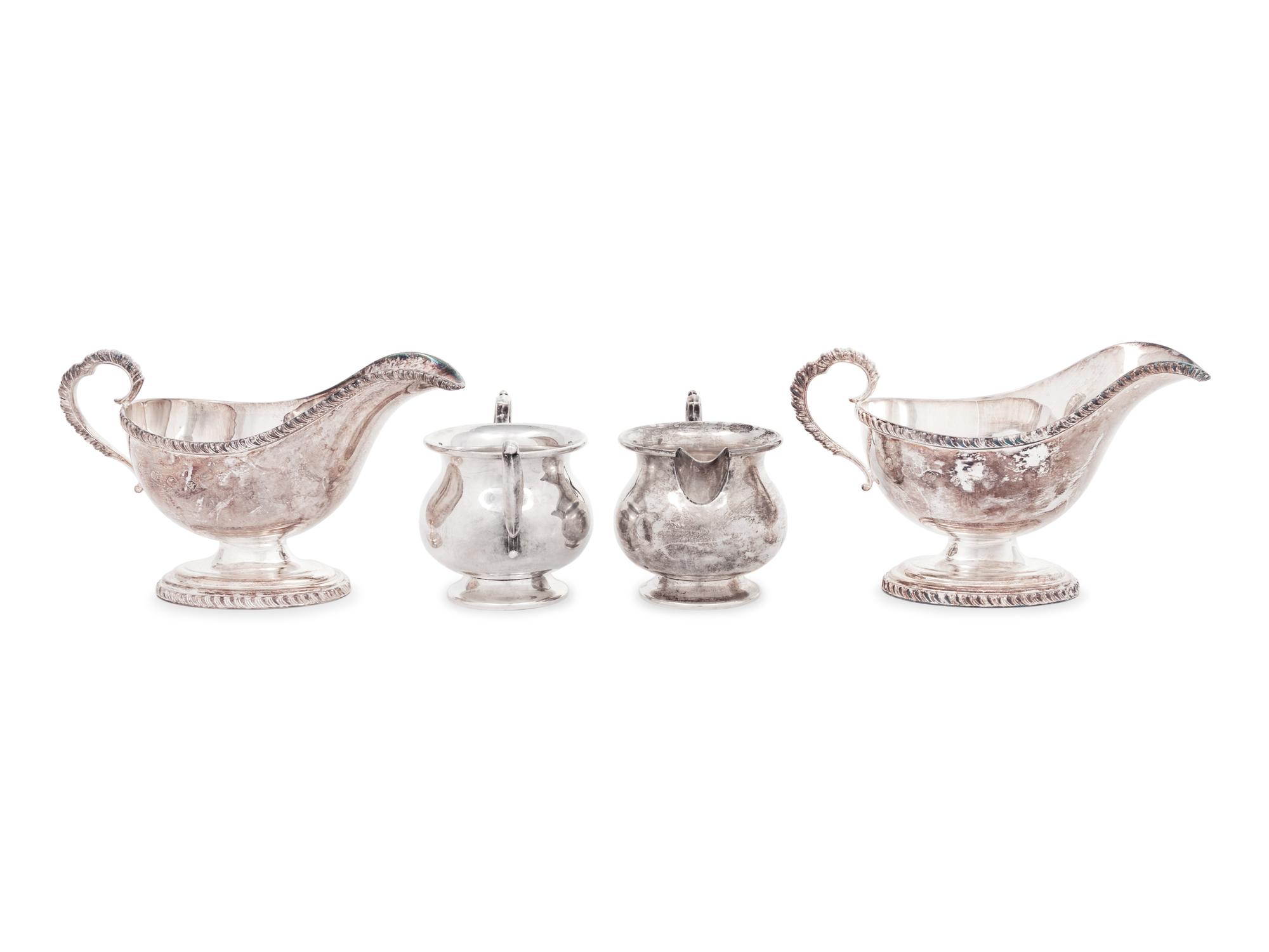 A Pair of English Silver Sauce Boats and an American Silver Sugar and Creamer Set