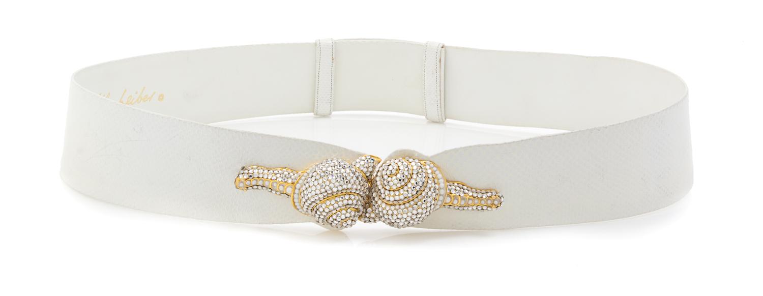 A Judith Leiber White Karung Snakeskin Belt, Adjustable strap.