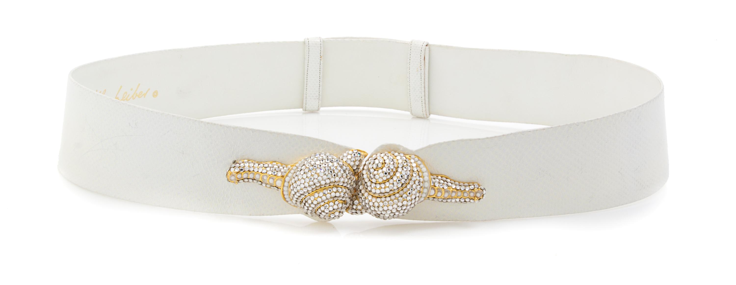A Judith Leiber White Karung Snakeskin Belt, Adjustable strap.