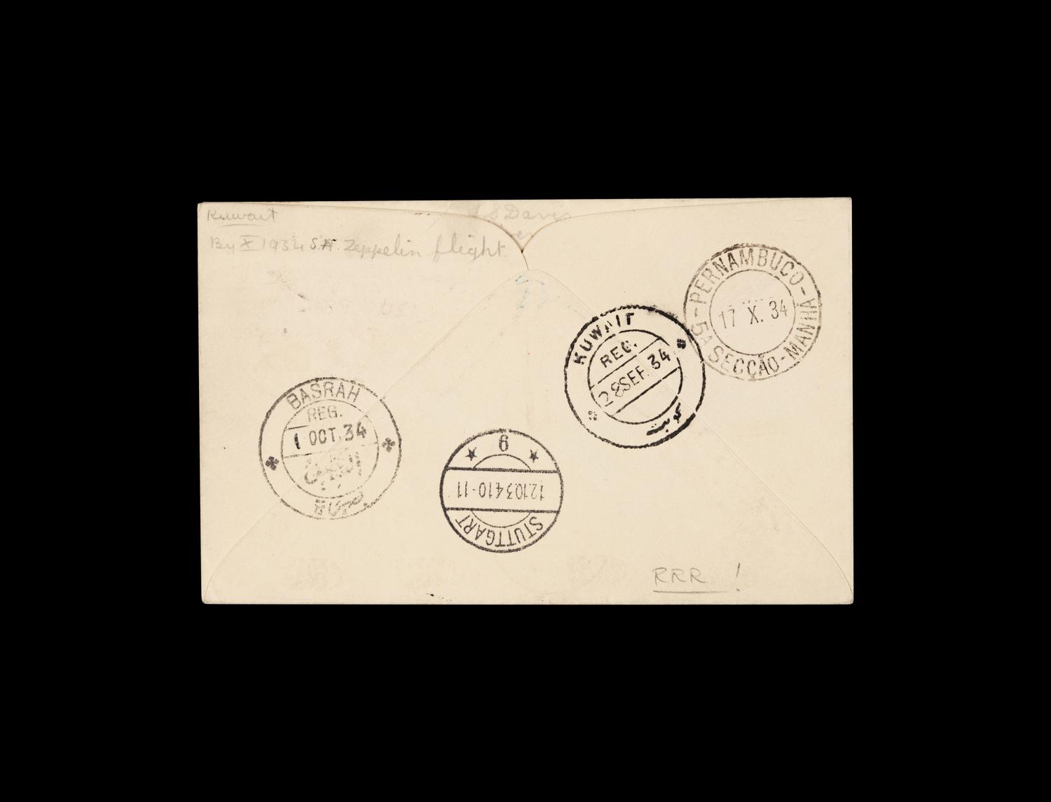 [FLIGHT COVER] KUWAIT. 1934, October 13. A Rare Cover Originating in Kuwait for Transport via Zeppelin to Brazil on the Tenth Zeppelin Flight (AAMC Z-234).