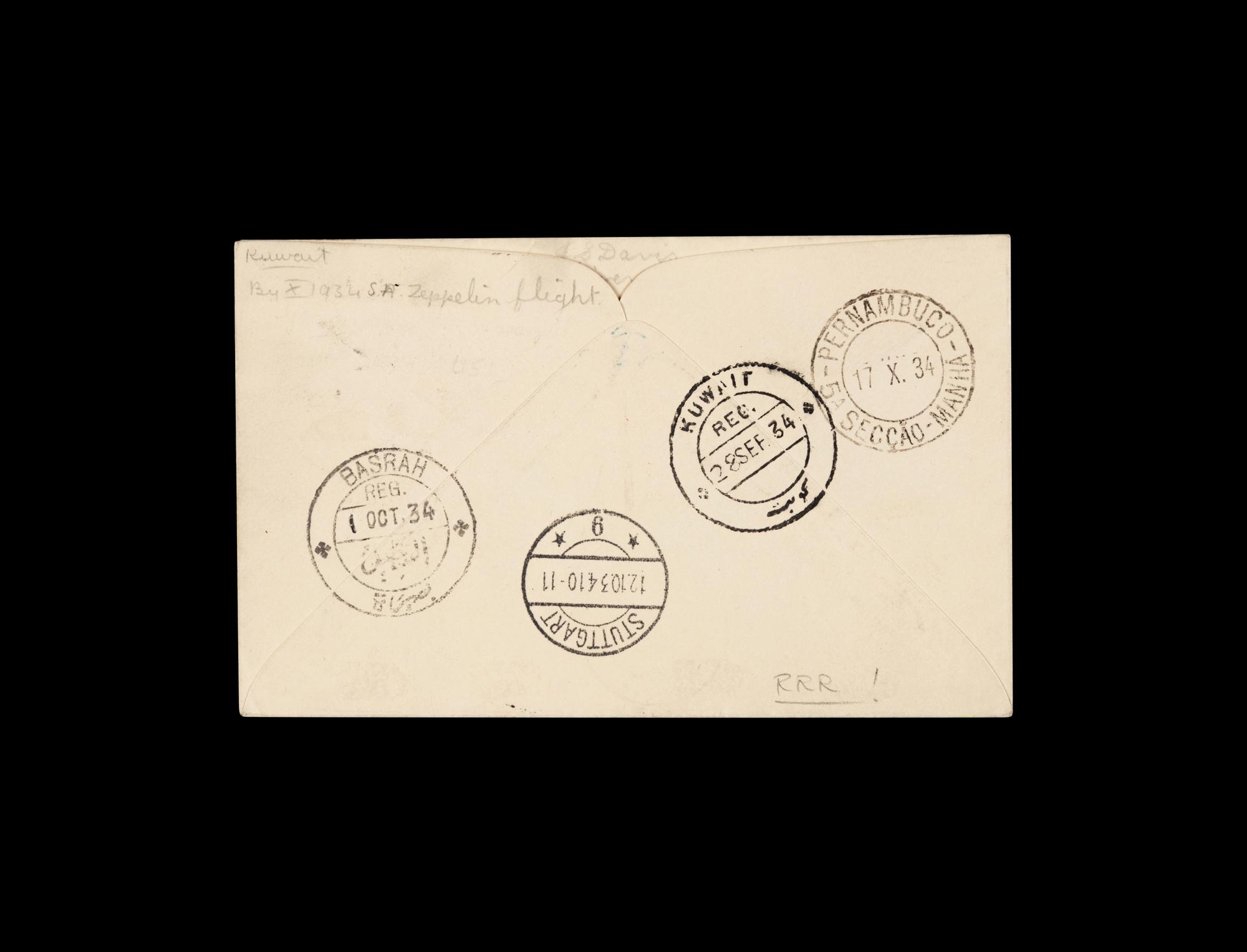 [FLIGHT COVER] KUWAIT. 1934, October 13. A Rare Cover Originating in Kuwait for Transport via Zeppelin to Brazil on the Tenth Zeppelin Flight (AAMC Z-234).