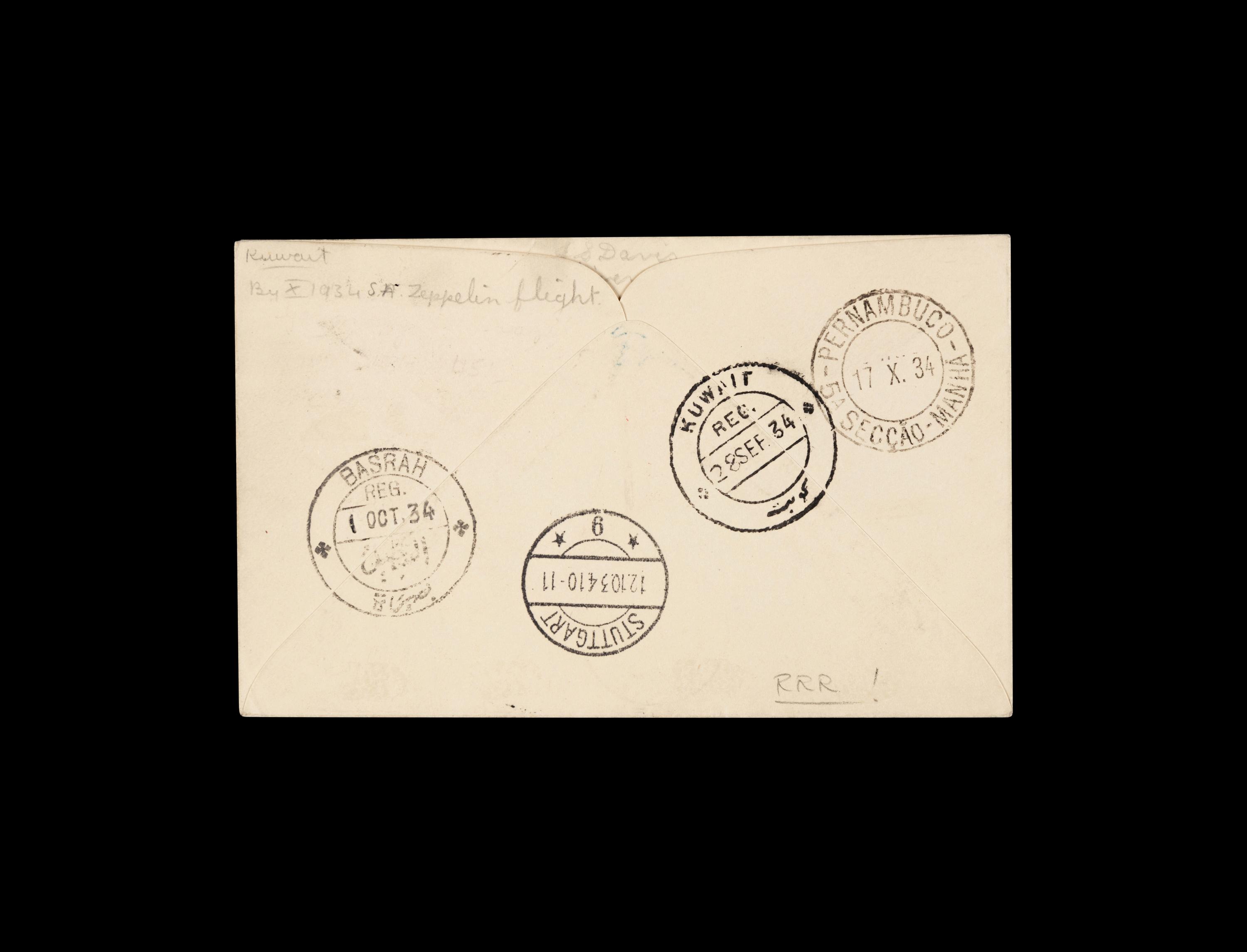 [FLIGHT COVER] KUWAIT. 1934, October 13. A Rare Cover Originating in Kuwait for Transport via Zeppelin to Brazil on the Tenth Zeppelin Flight (AAMC Z-234).