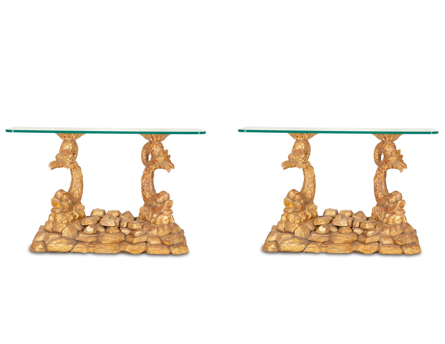 A Pair of Italian Grotto Style Carved Giltwood Pedestal Console Tables — 20th Century