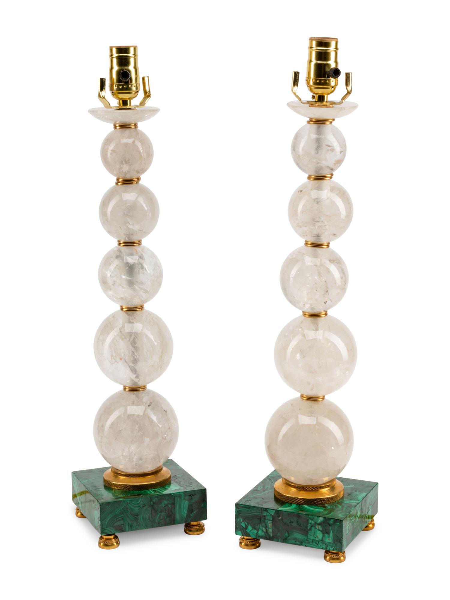 A Pair of Rock Crystal and Malachite Table Lamps
