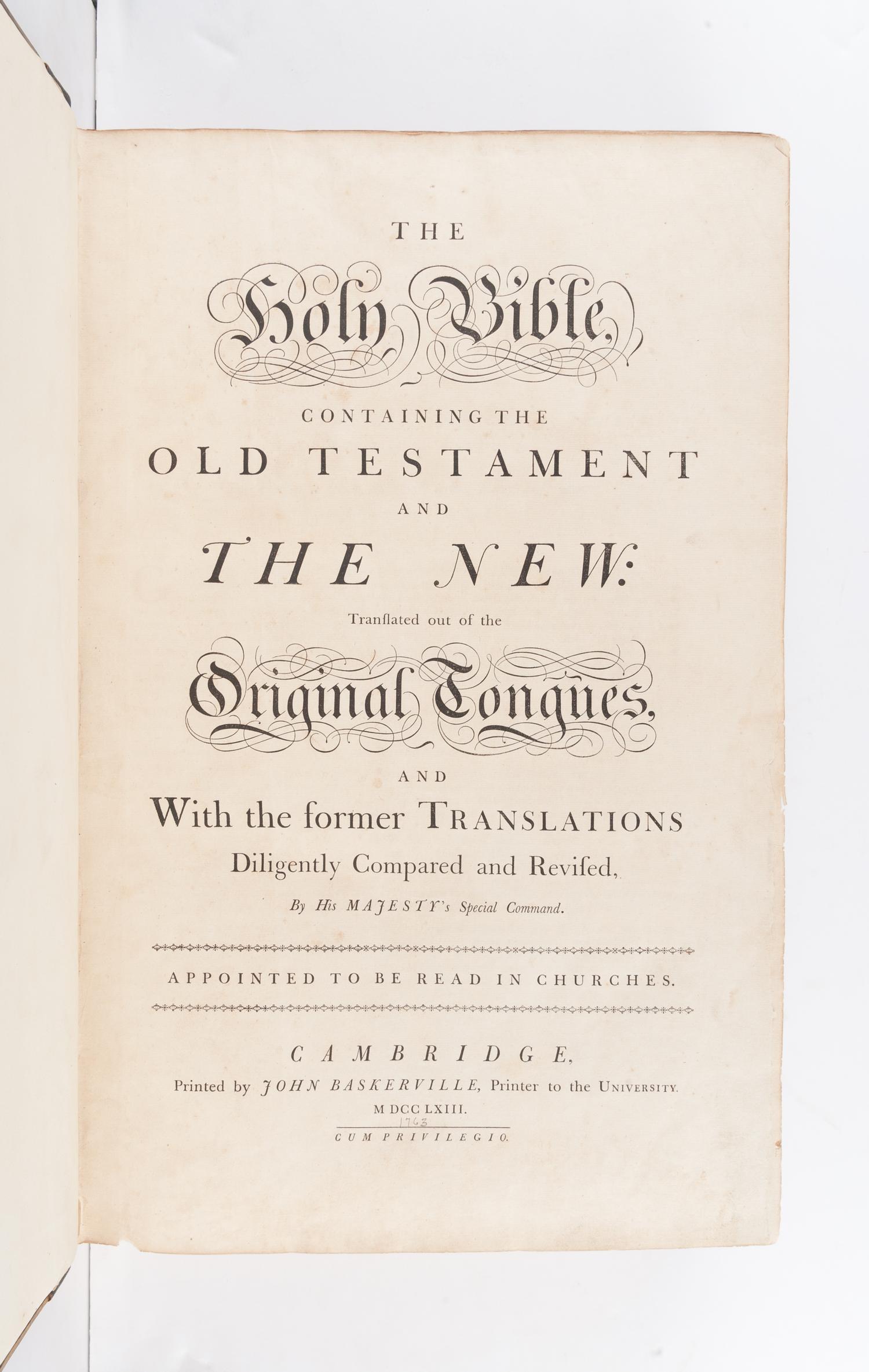 [BIBLE, in English]. The Holy Bible, containing the Old Testament and the New … Cambridge: John Baskerville, 1763.
