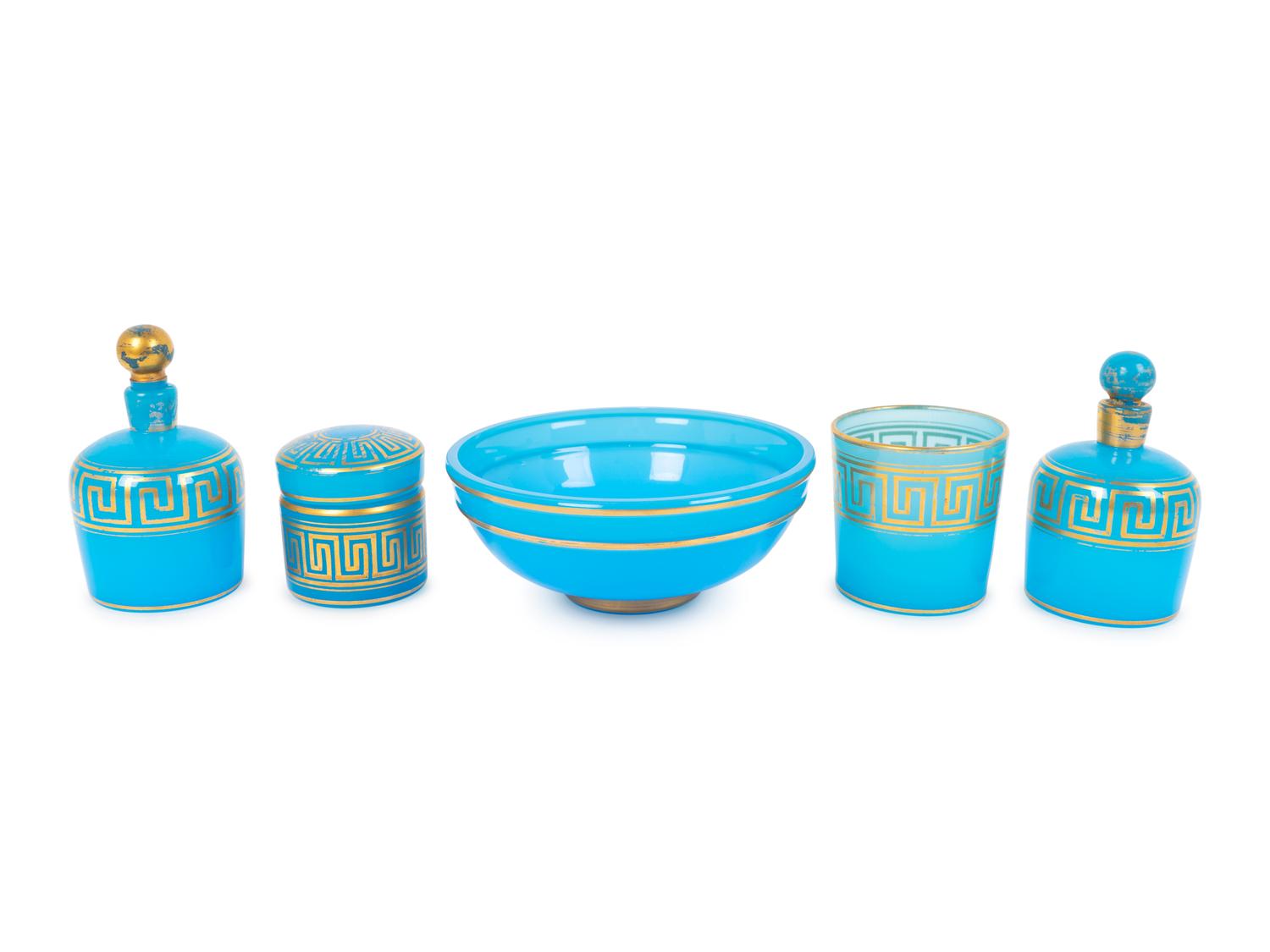 A Group of Five Parcel Gilt Blue Opaline Glass Articles — 19TH/20TH CENTURY