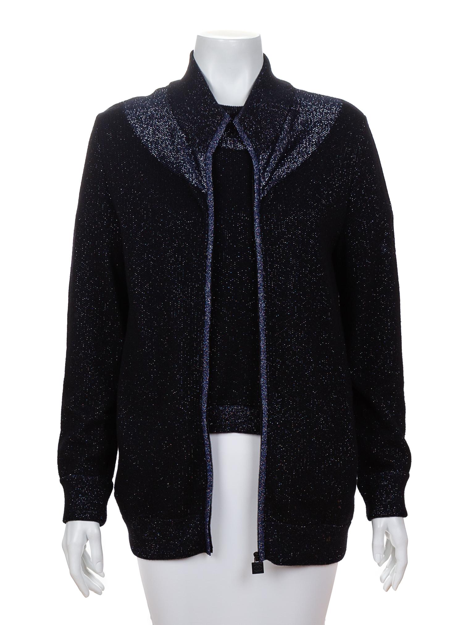 A Chanel Black and Navy Metallic Sweater Set, Jacket: 42.