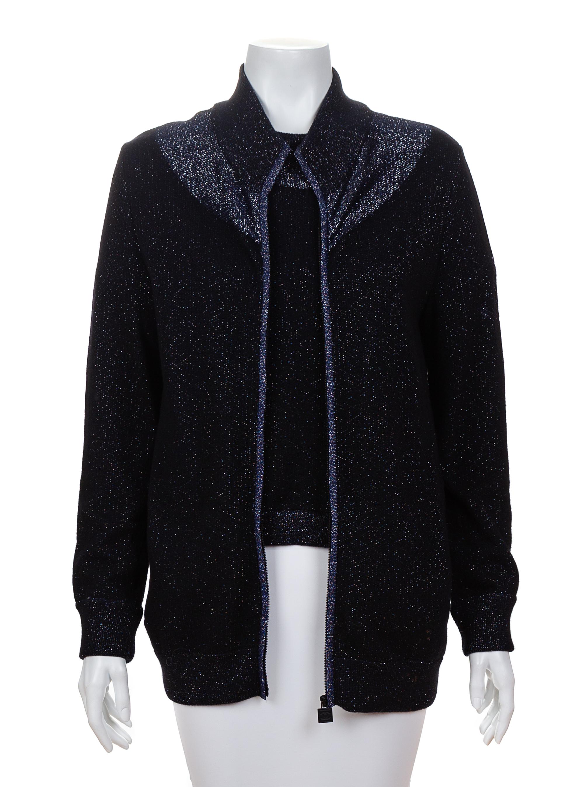 A Chanel Black and Navy Metallic Sweater Set, Jacket: 42.