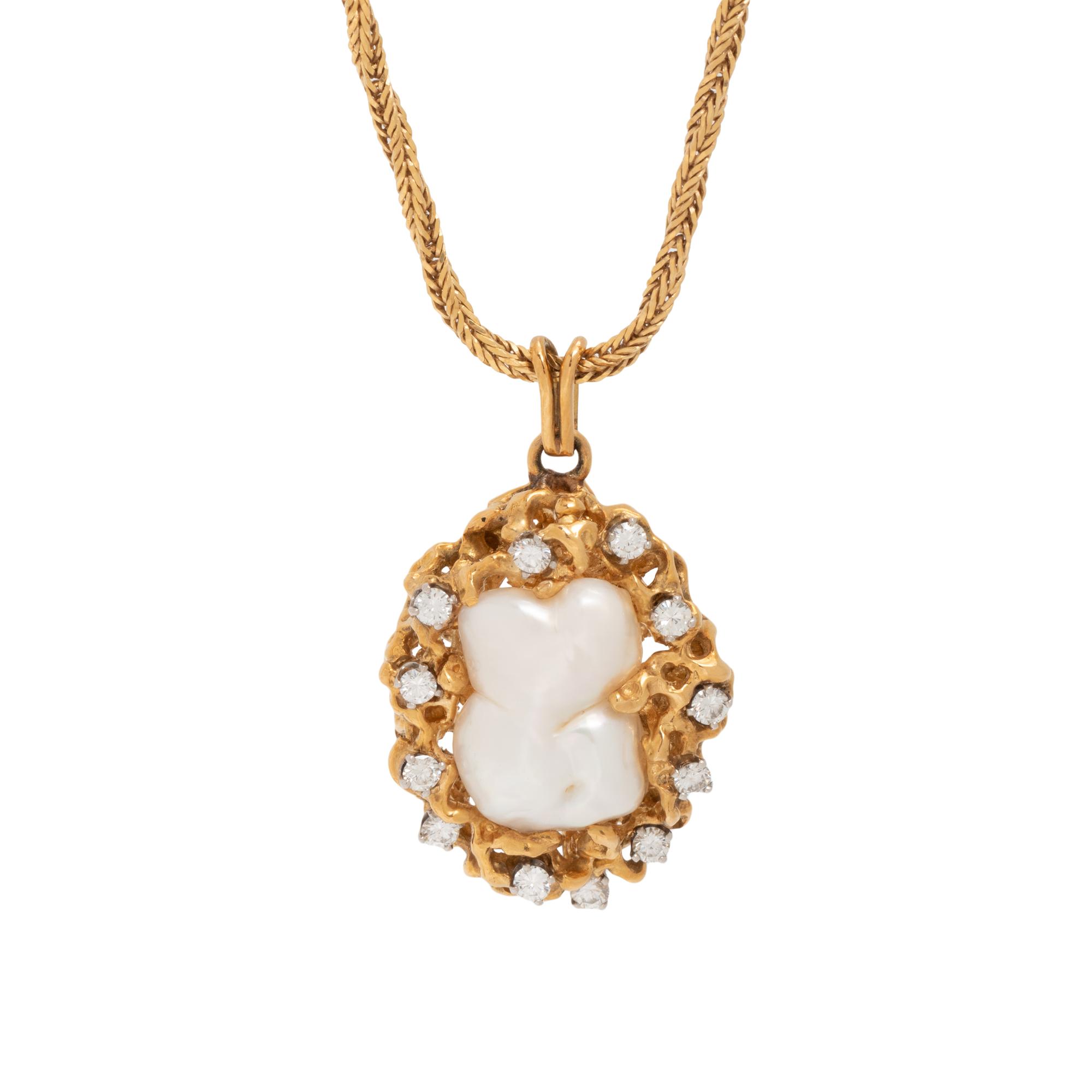 YELLOW GOLD, BAROQUE PEARL AND DIAMOND PENDANT/NECKLACE