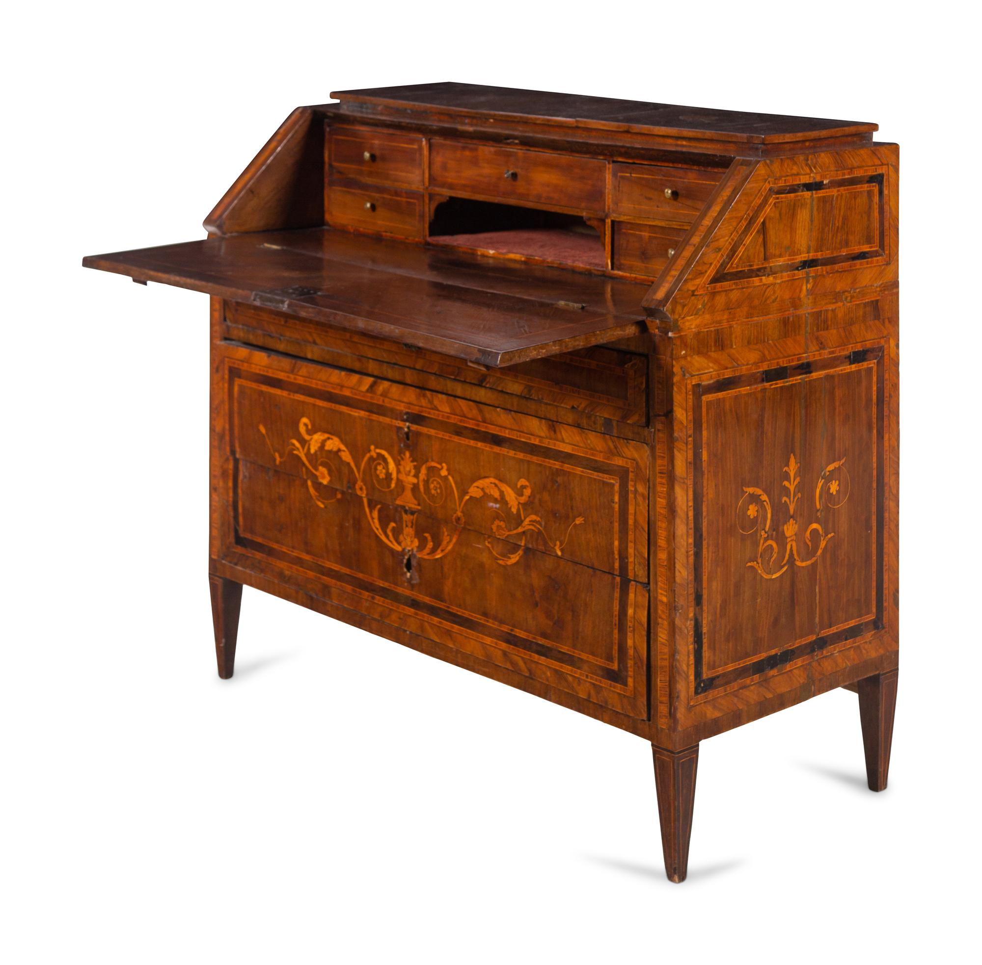 An Italian Walnut and Marquetry Slant-Front Bureau