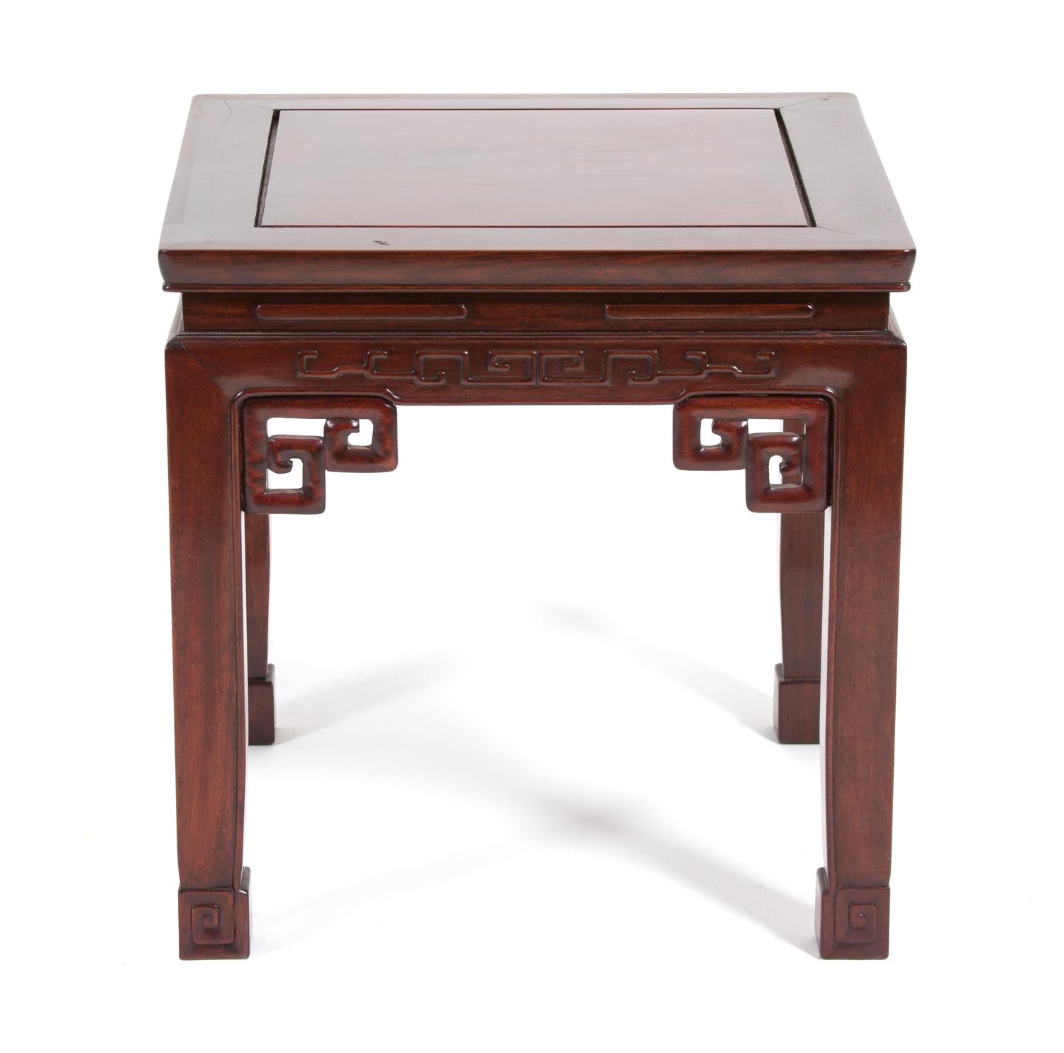 A Chinese Carved Wood Side Table Height 18 x width 18 x depth 18 inches. — 20TH CENTURY