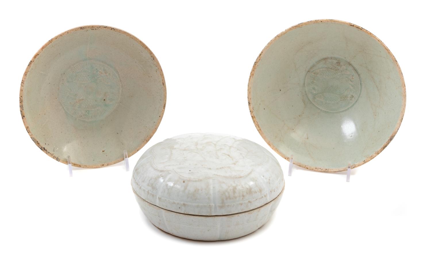 Three Chinese Qingbai Glazed Porcelain Articles Diameter of largest 7 inches. — SOUTHERN SONG-YUAN DYNASTY, 12TH-13TH CENTURY