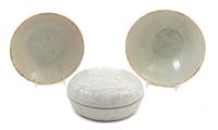 Three Chinese Qingbai Glazed Porcelain Articles Diameter of largest 7 inches. — SOUTHERN SONG-YUAN DYNASTY, 12TH-13TH CENTURY