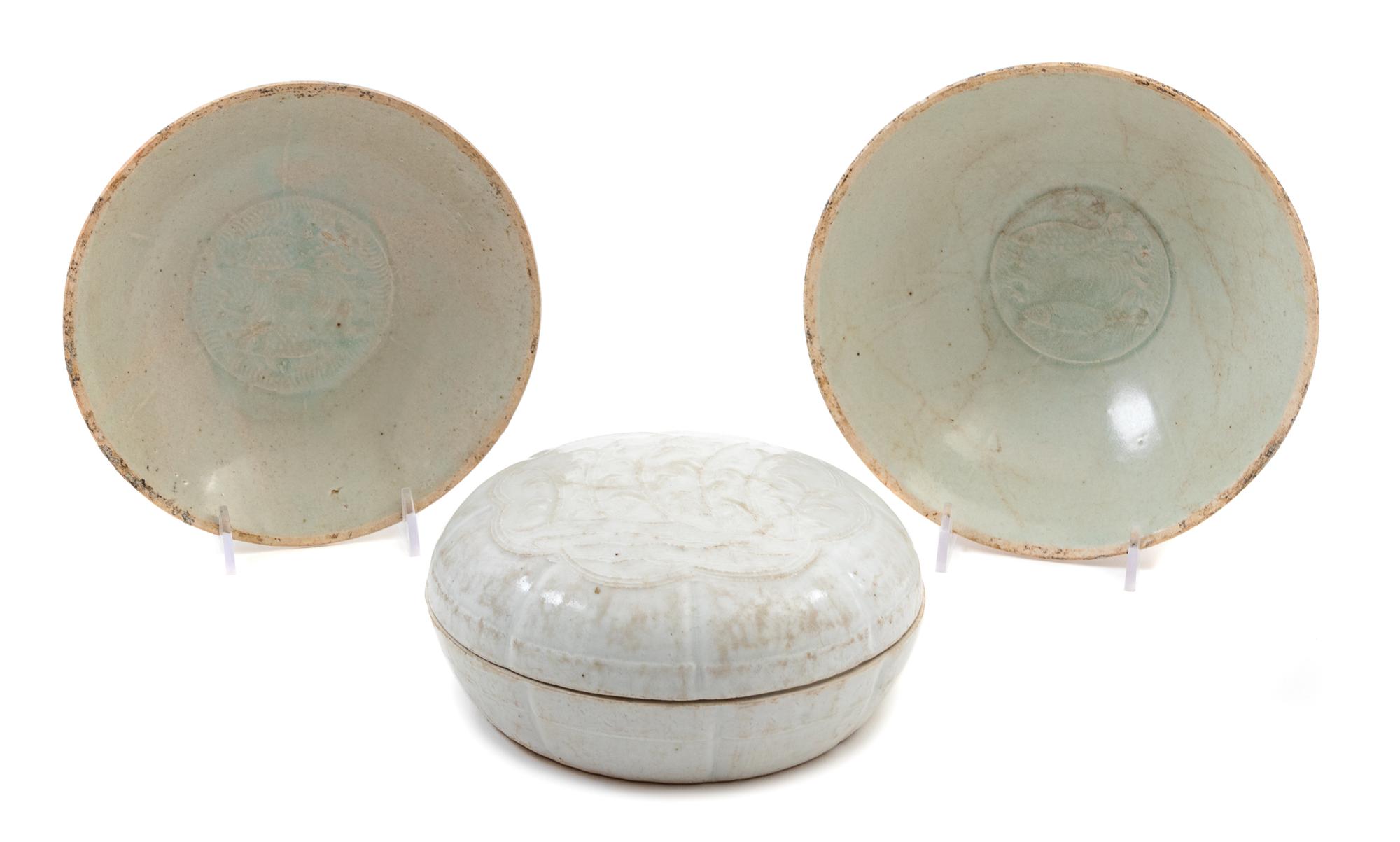 Three Chinese Qingbai Glazed Porcelain Articles Diameter of largest 7 inches. — SOUTHERN SONG-YUAN DYNASTY, 12TH-13TH CENTURY