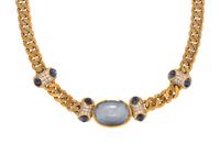 NIVA, YELLOW GOLD, SAPPHIRE, AND DIAMOND NECKLACE AND RING