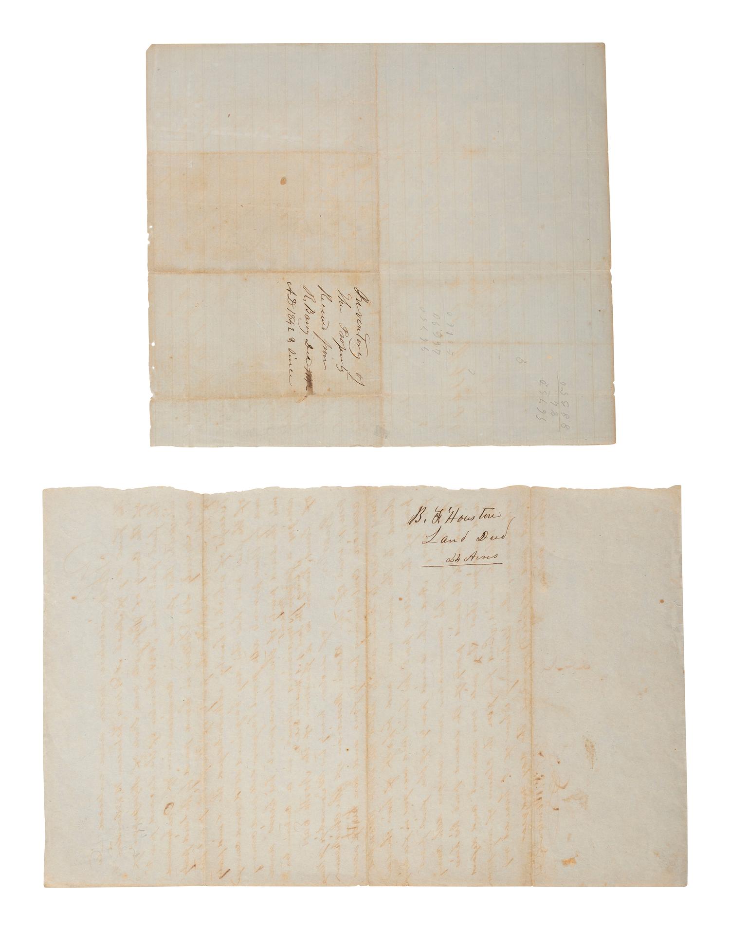 [ENSLAVEMENT & ABOLITION]. 2 documents from Lafayette County, MS, incl. an 1842 inventory listing one enslaved young female subject and an 1854 land deed referencing the Chickasaw Cession.