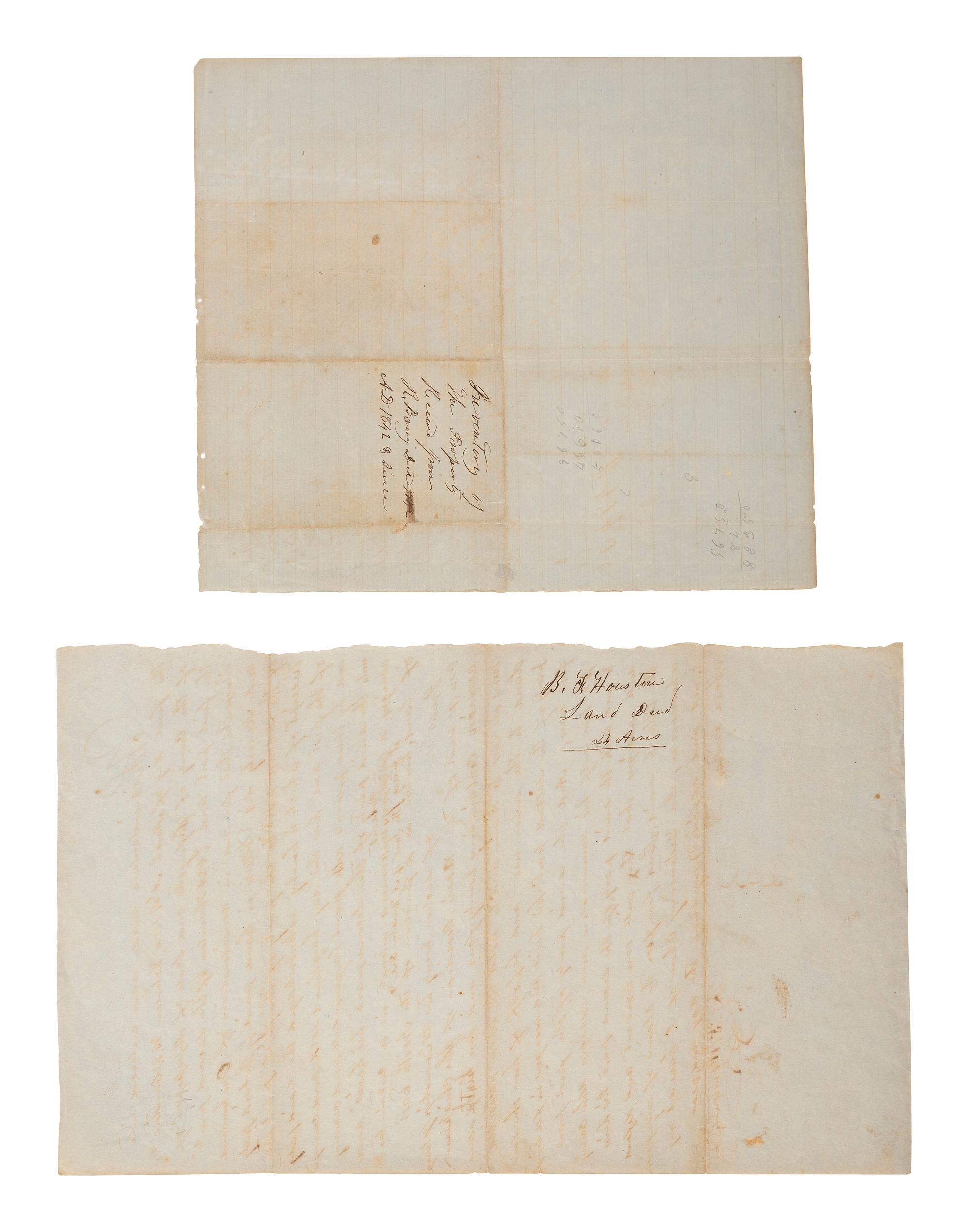 [ENSLAVEMENT & ABOLITION]. 2 documents from Lafayette County, MS, incl. an 1842 inventory listing one enslaved young female subject and an 1854 land deed referencing the Chickasaw Cession.