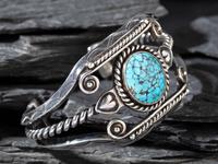 Silver and #8 Turquoise Cuff, with Heart Repoussé Accents