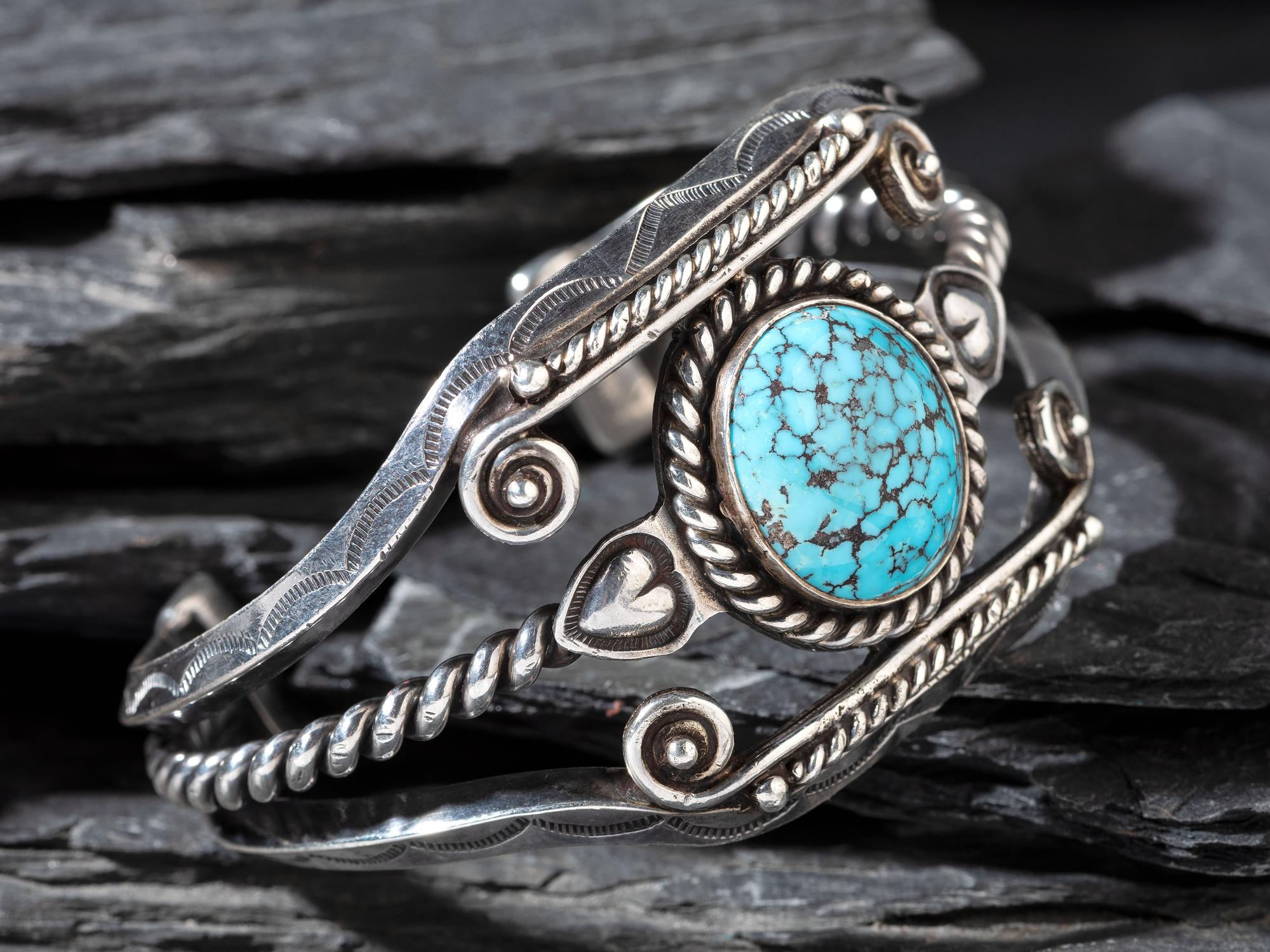Silver and #8 Turquoise Cuff, with Heart Repoussé Accents
