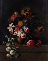 Still Life of Flowers in a Gilt Vase on a Stone Pedestal