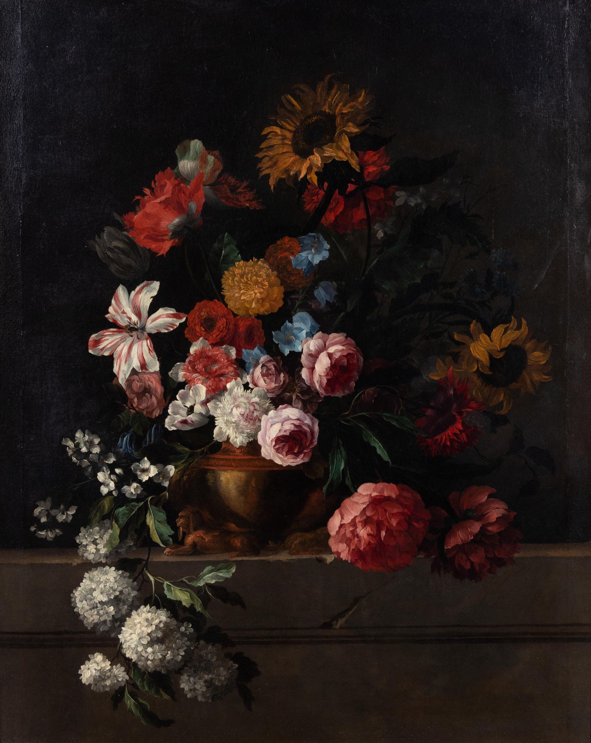Still Life of Flowers in a Gilt Vase on a Stone Pedestal