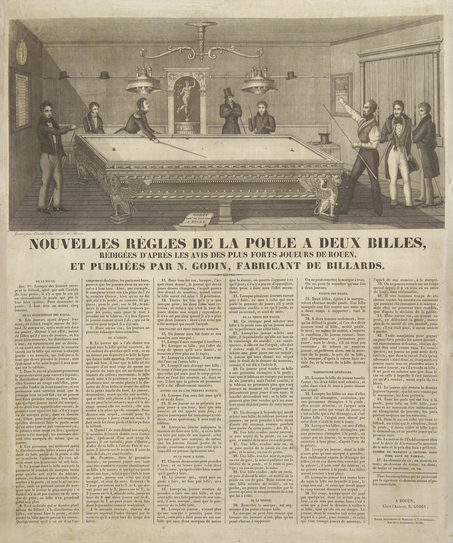 [Sporting] [Billiards] Nouvelles Règles de la poule a Deux Billes, Redigees d'apres les avis des plus forts joueurs de Rouen, et Publiees par N. Godin, Fabricant de Billards