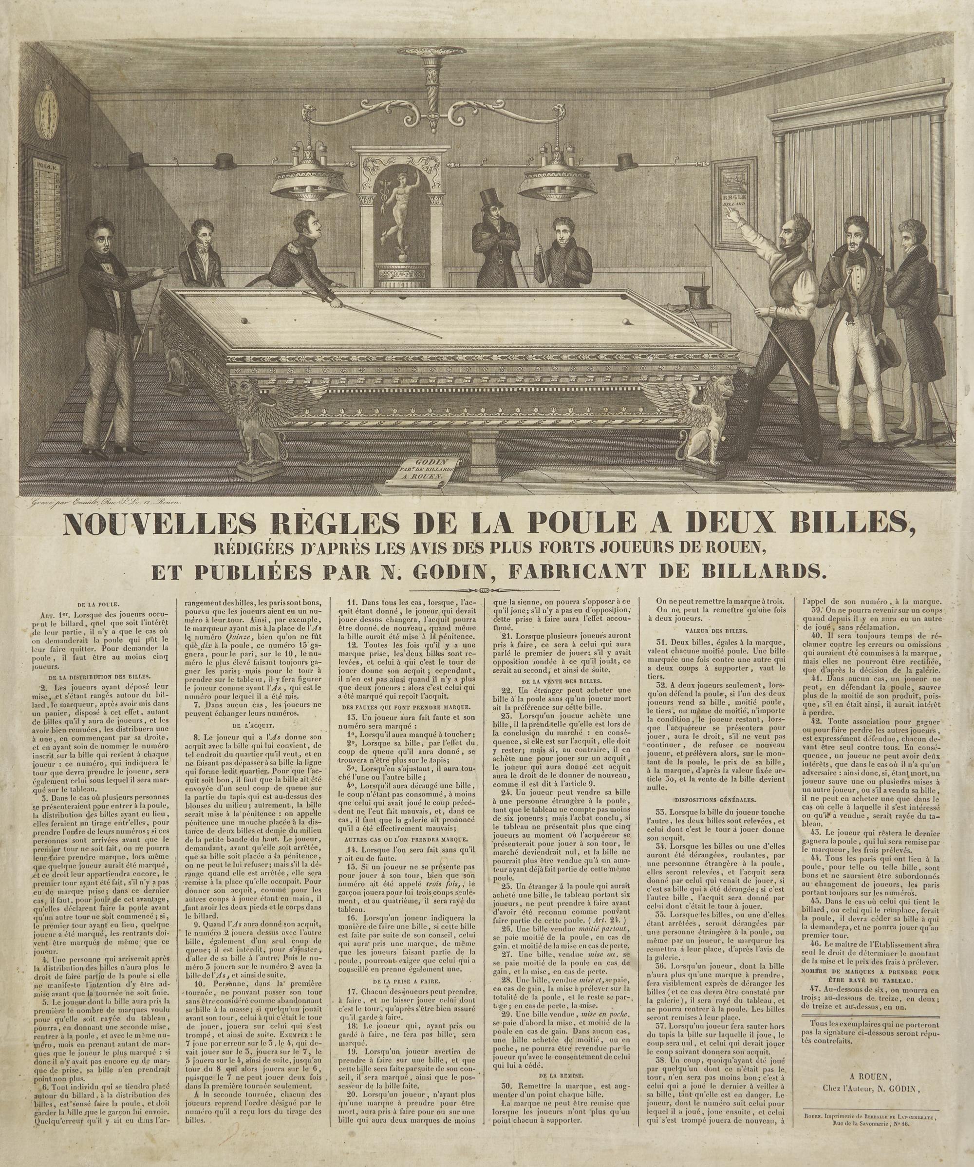 [Sporting] [Billiards] Nouvelles Règles de la poule a Deux Billes, Redigees d'apres les avis des plus forts joueurs de Rouen, et Publiees par N. Godin, Fabricant de Billards