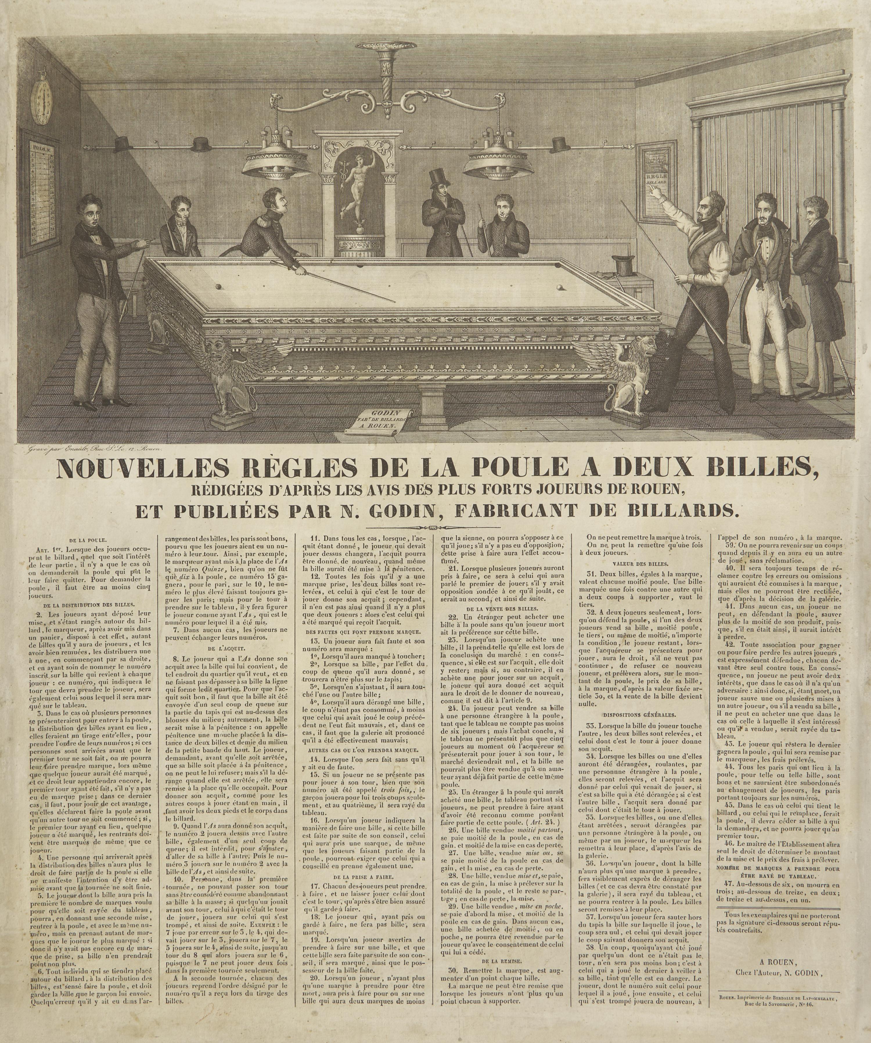 [Sporting] [Billiards] Nouvelles Règles de la poule a Deux Billes, Redigees d'apres les avis des plus forts joueurs de Rouen, et Publiees par N. Godin, Fabricant de Billards
