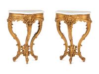 A Pair of Louis XV Style Giltwood Marble-Top Console Tables