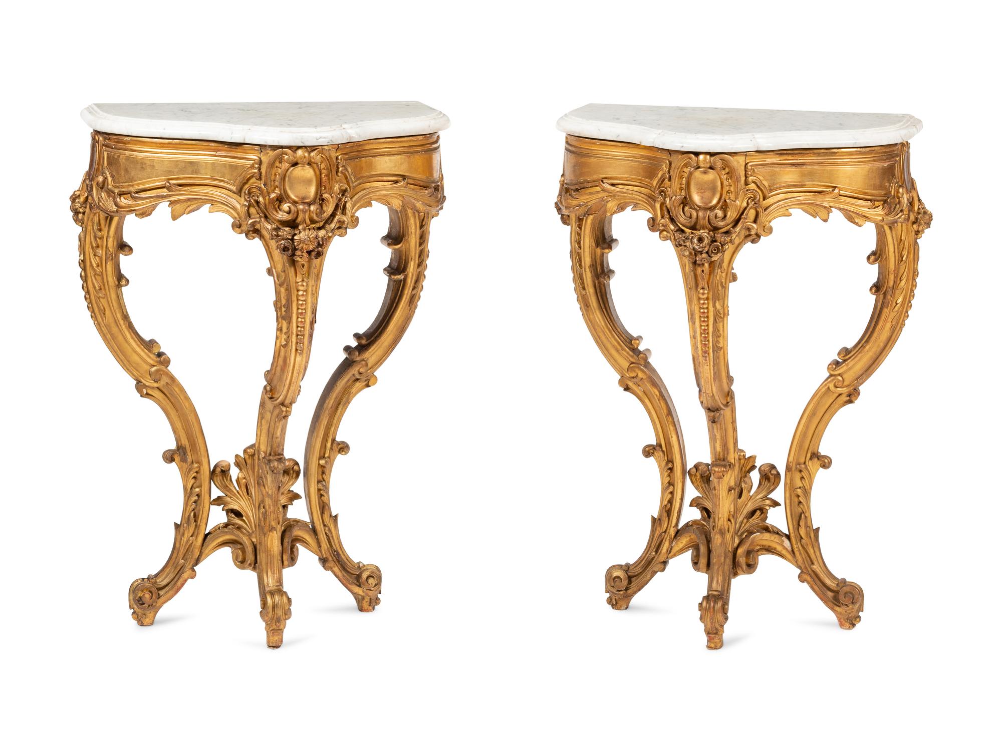 A Pair of Louis XV Style Giltwood Marble-Top Console Tables
