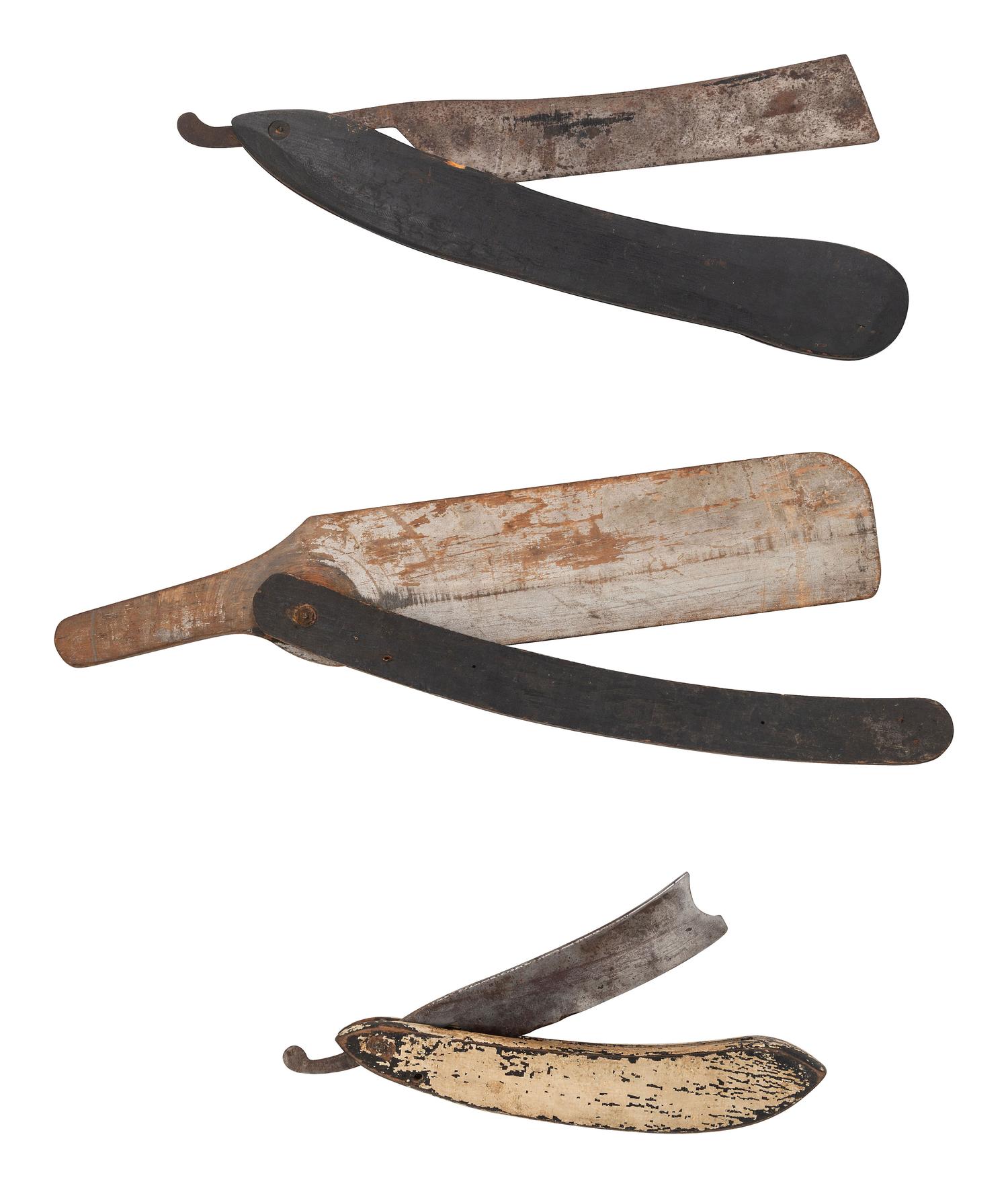 Three Painted Wood and Metal Store Display Straight Razors