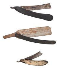 Three Painted Wood and Metal Store Display Straight Razors