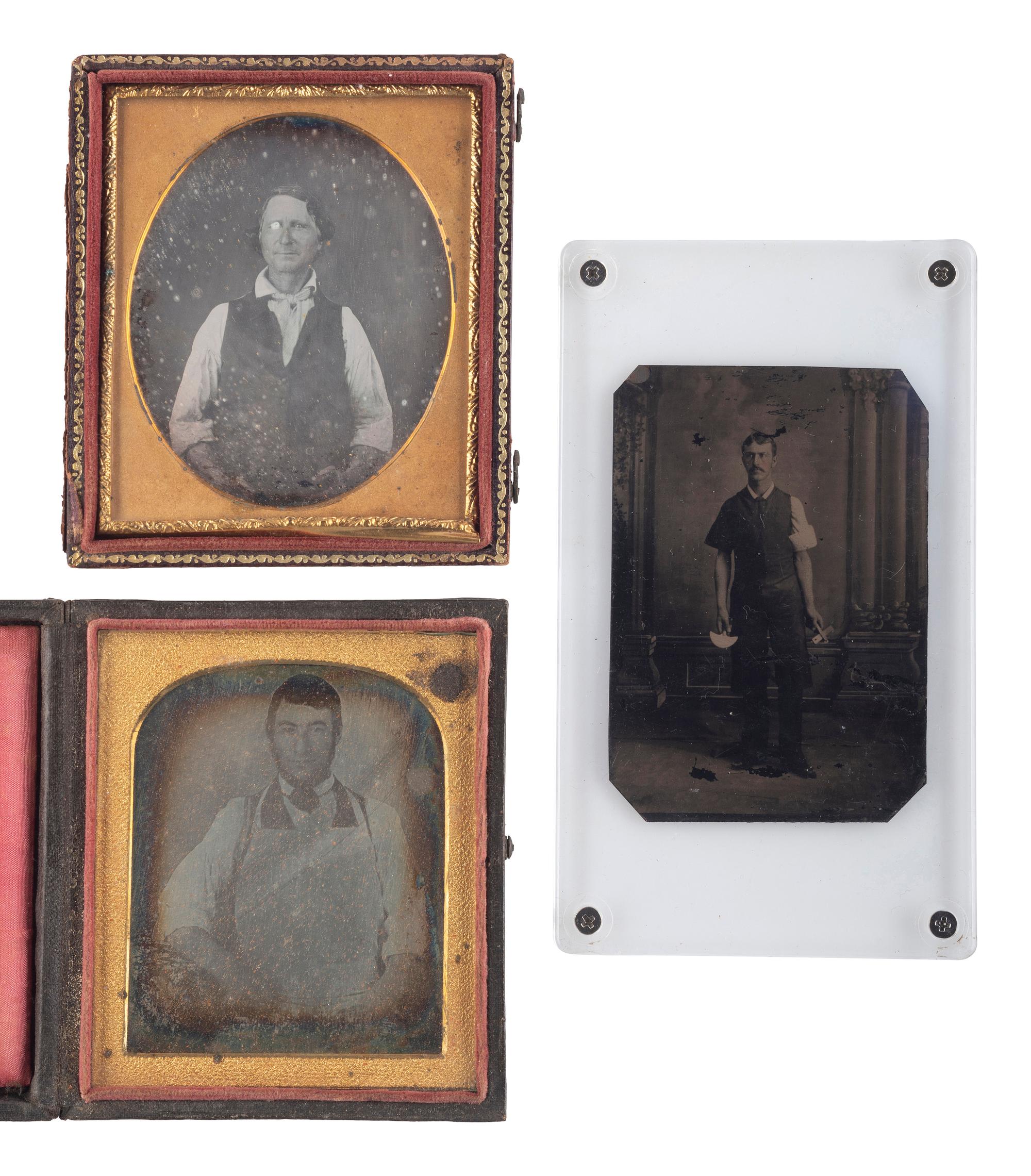 [EARLY PHOTOGRAPHY]. A trio of occupational images highlighted by a likely leather worker with tools, comprising: