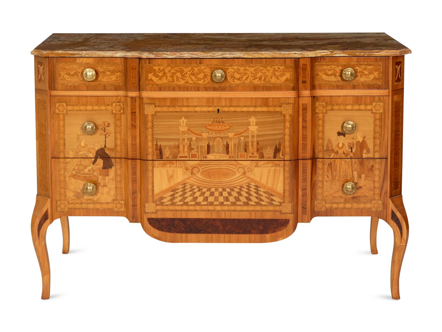 A Late Louis XV Transitional Style Marquetry Commode with Red Onyx Top